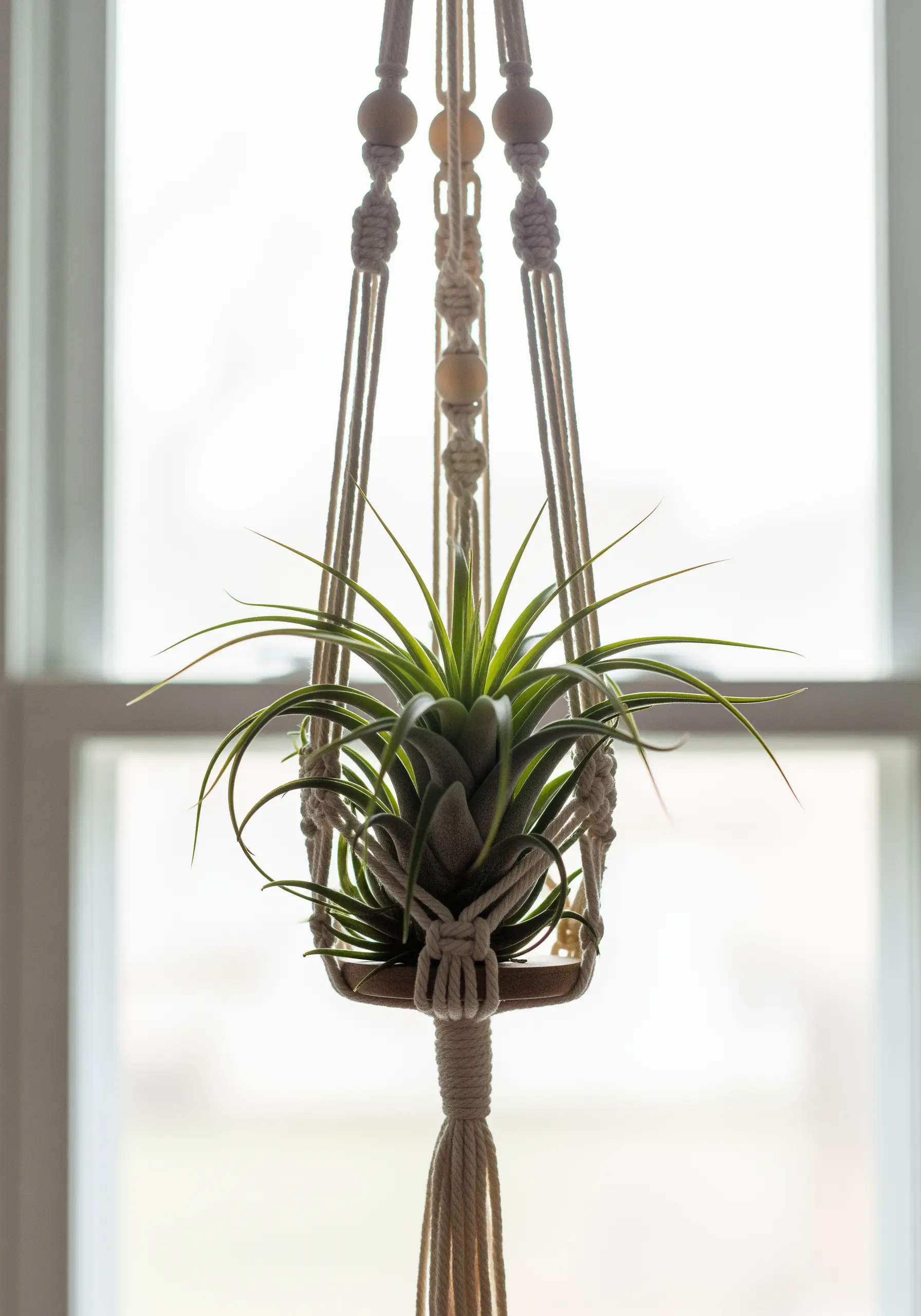A macrame plant hanger holding an air plant, hanging in a window.