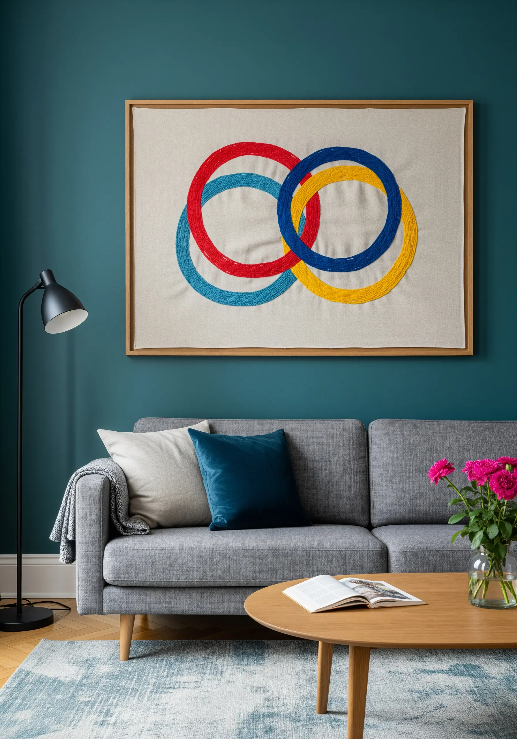 Large framed textile art with interlocking circles in red, blue, and yellow.