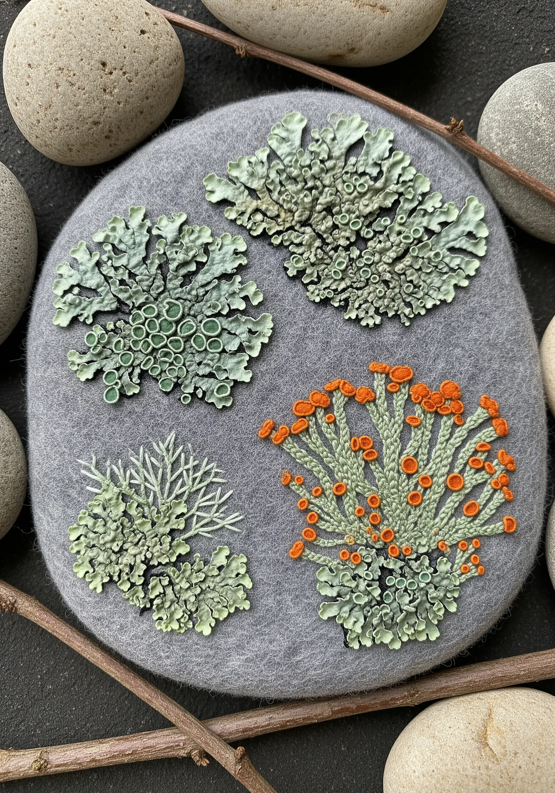 A detailed study of different lichen varieties embroidered onto grey wool felt.