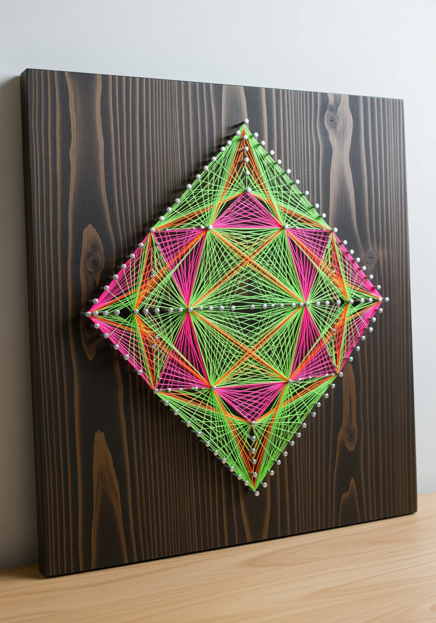 Geometric string art with fluorescent green and pink thread on a dark wood panel.