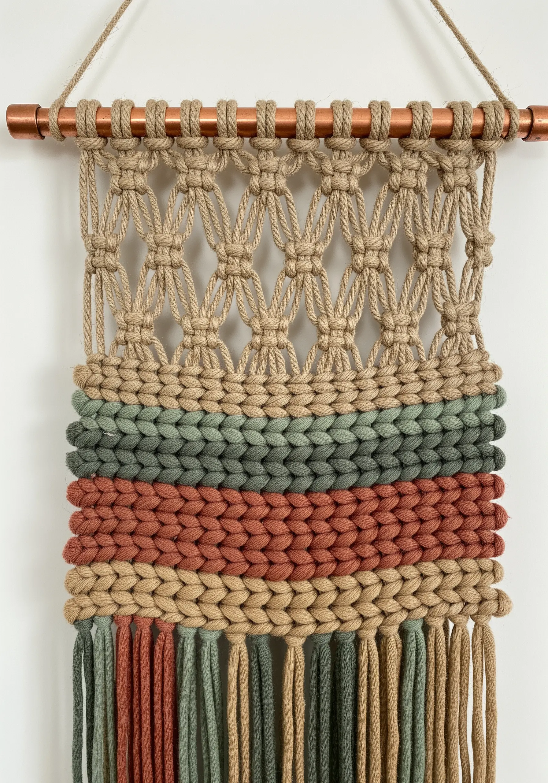 A wall hanging combining macrame knots at the top with thick woven sections in earthy tones.
