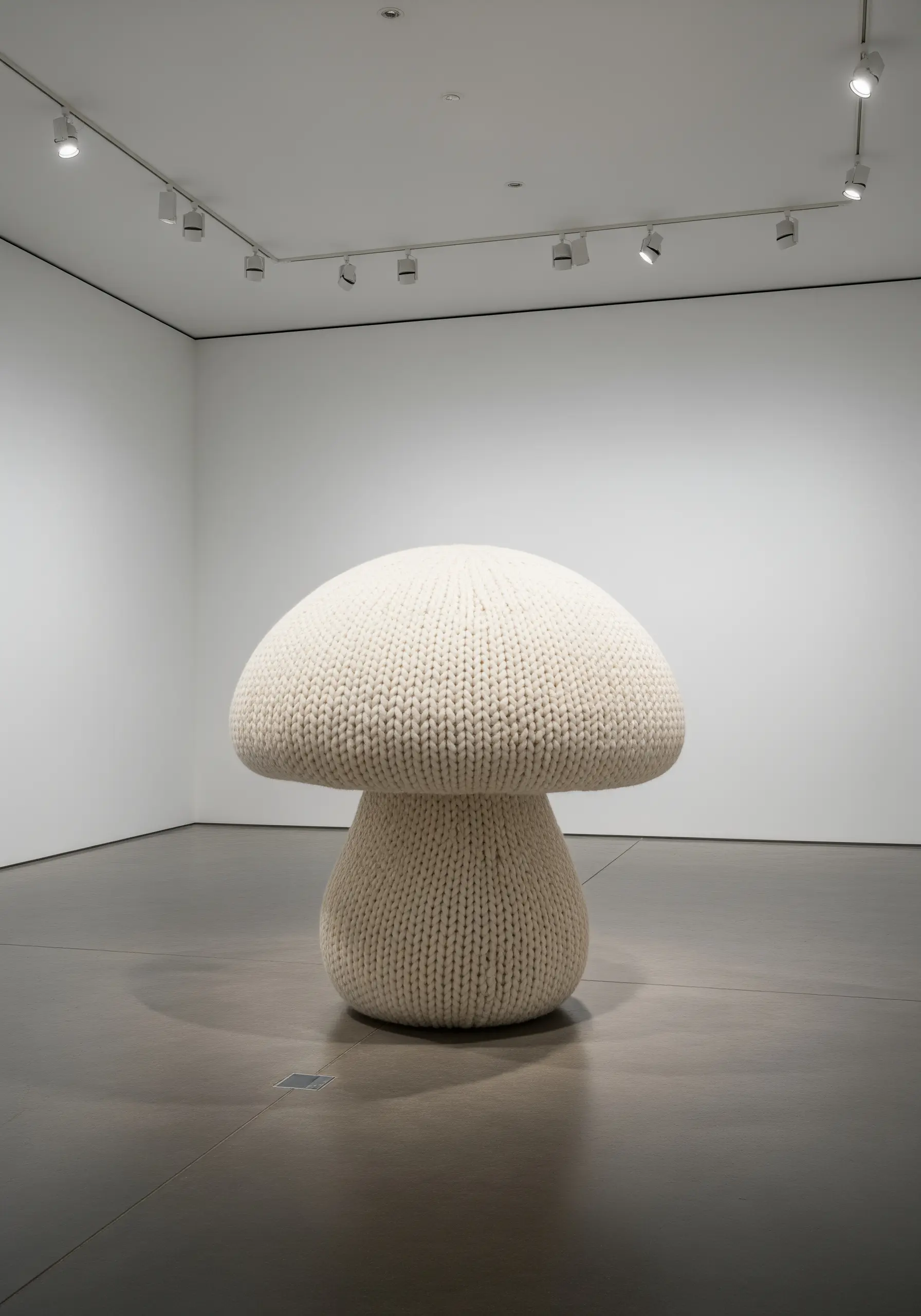A giant, sculptural mushroom made from oversized white knitted yarn, displayed in a gallery.