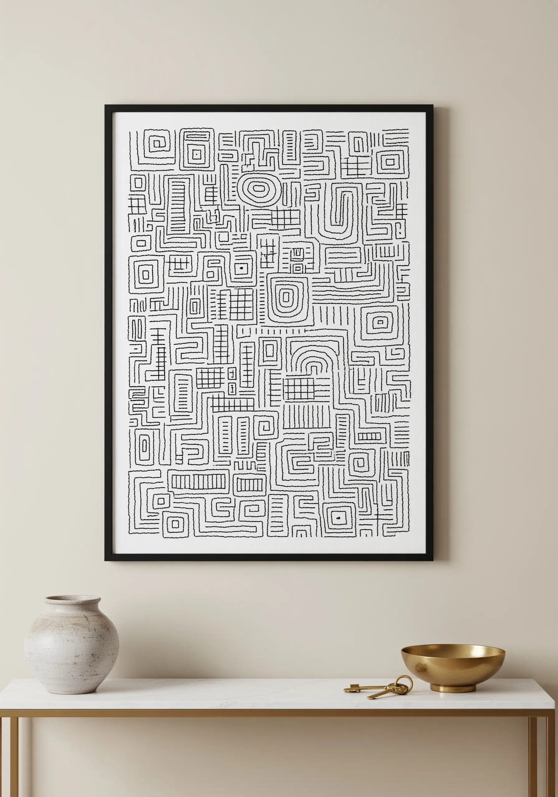 A complex, maze-like pattern in black thread, framed as modern wall art.