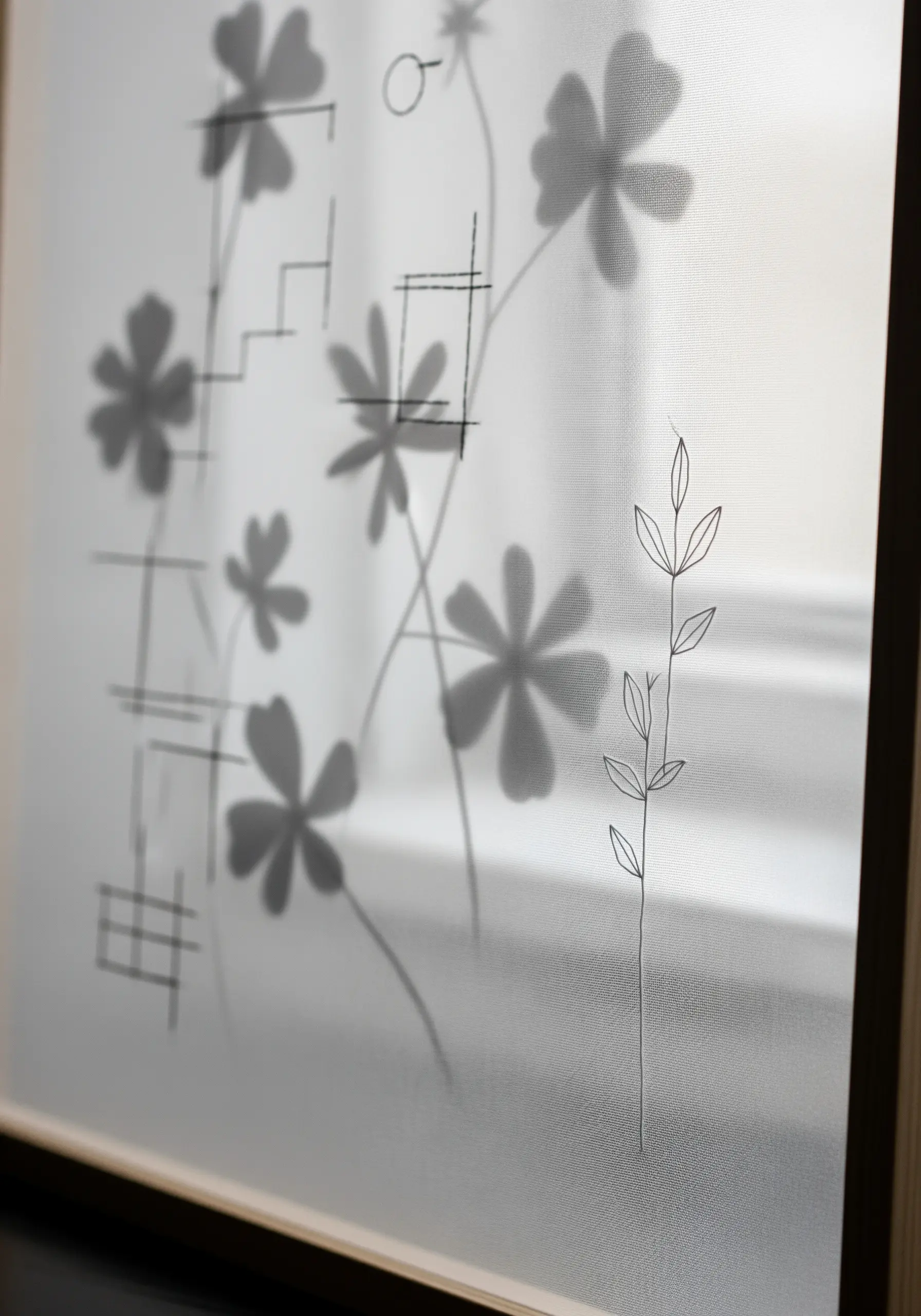 Minimalist botanical line art stitched on translucent fabric, showing shadows.
