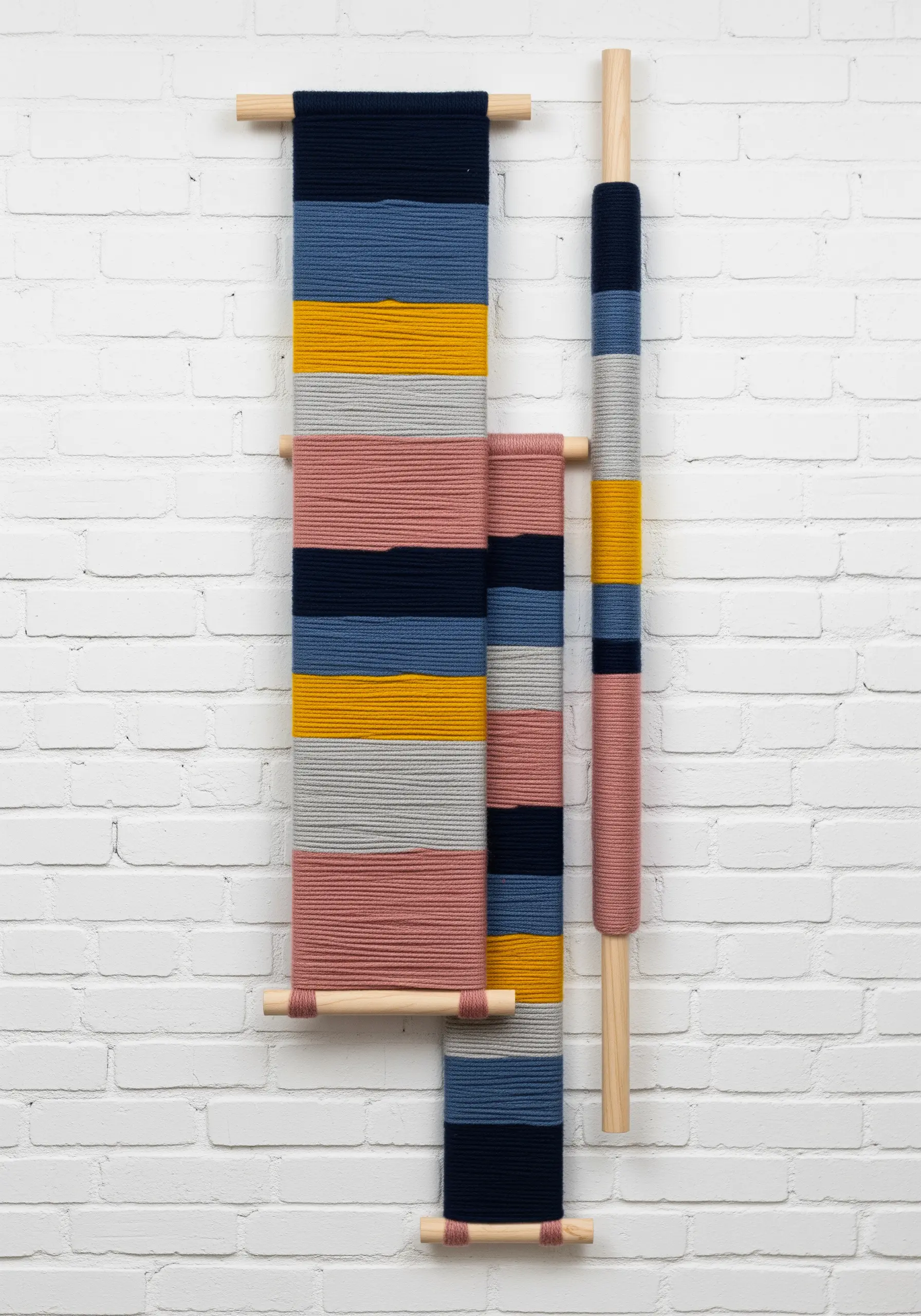 A triptych of minimalist wall hangings made of yarn wrapped around dowels in color blocks.