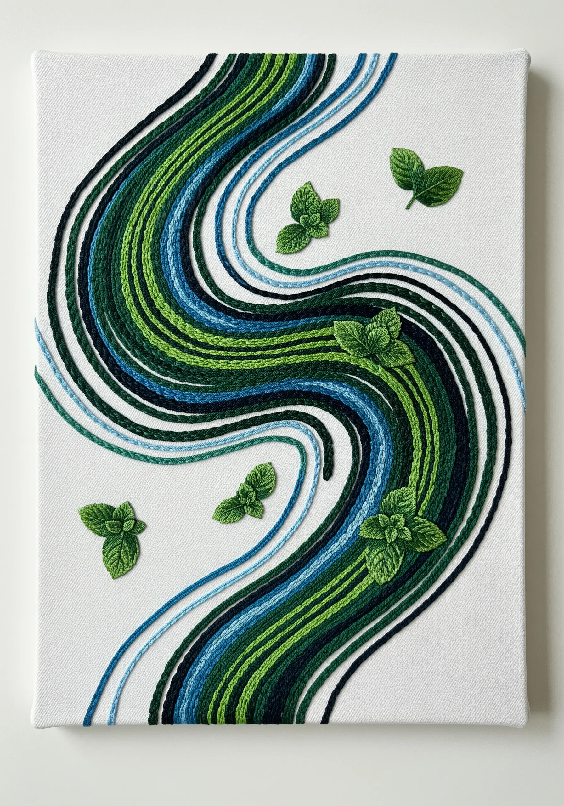 Abstract embroidery art with couched green and blue threads flowing across a canvas, accented with 3D leaves.