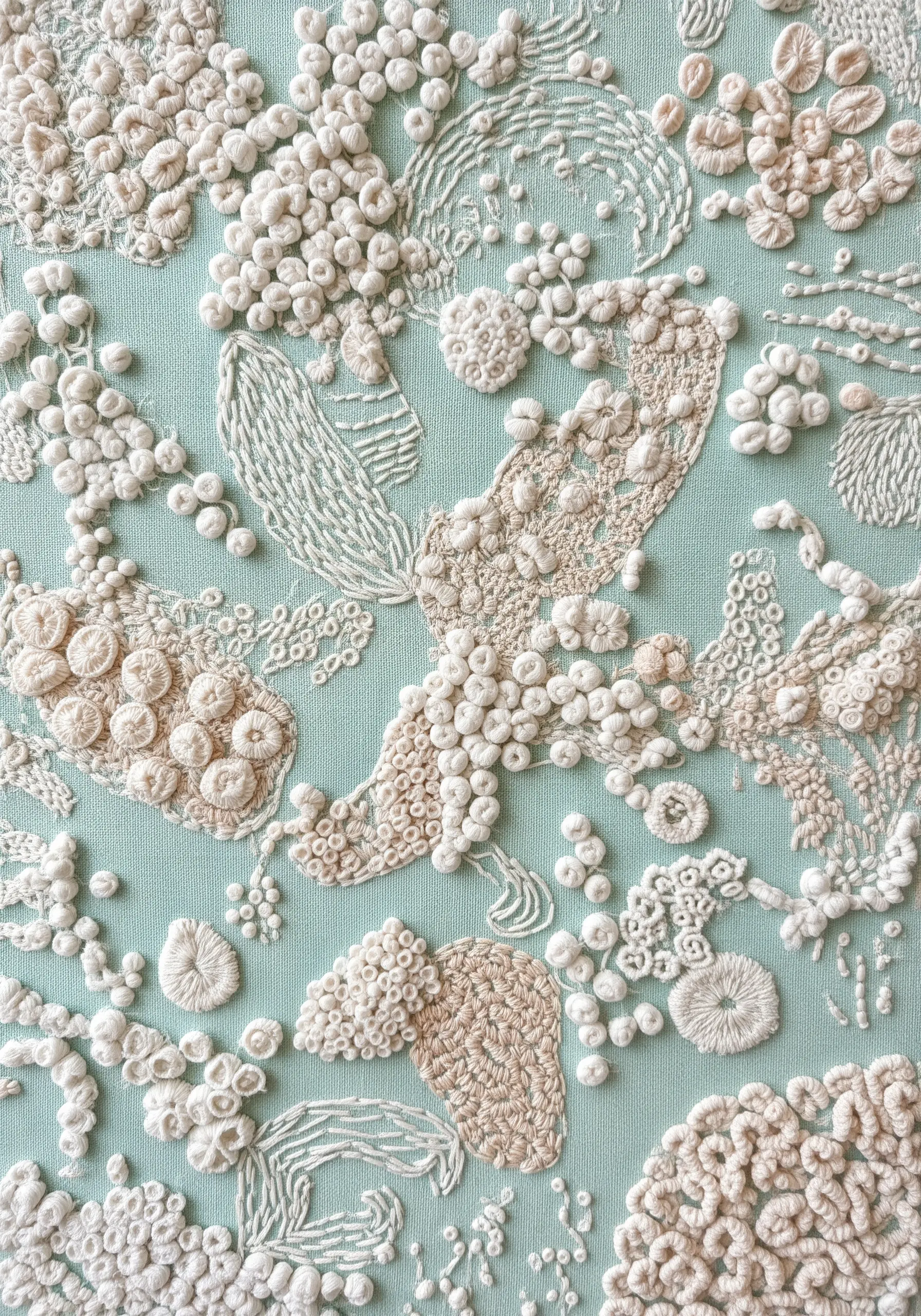 Detailed monochrome embroidery in cream tones on a light teal fabric, depicting coral textures.