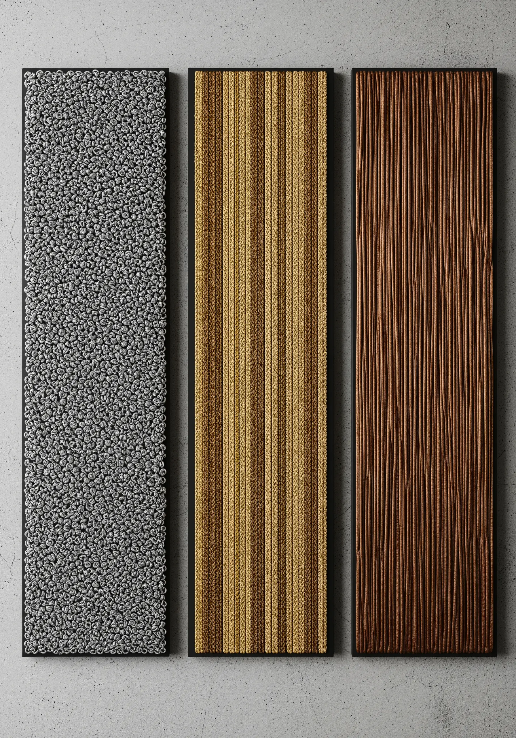 A triptych of panels showing different metallic textures: French knots, braided cords, and lines.
