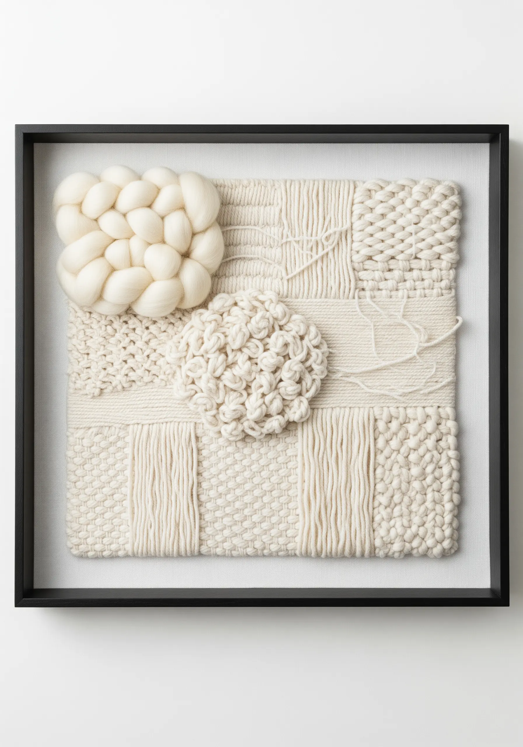 Monochrome woven embroidery with chunky yarn in various textures.