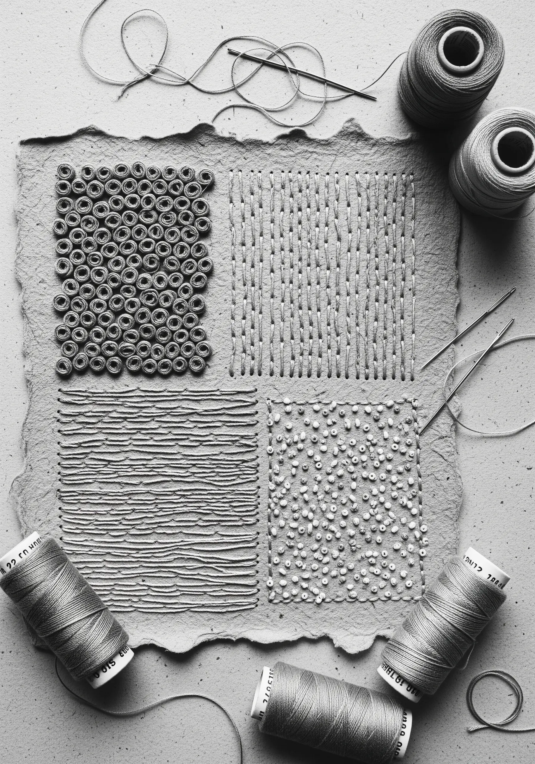 A monochrome embroidery sampler on gray handmade paper with four different stitch textures.