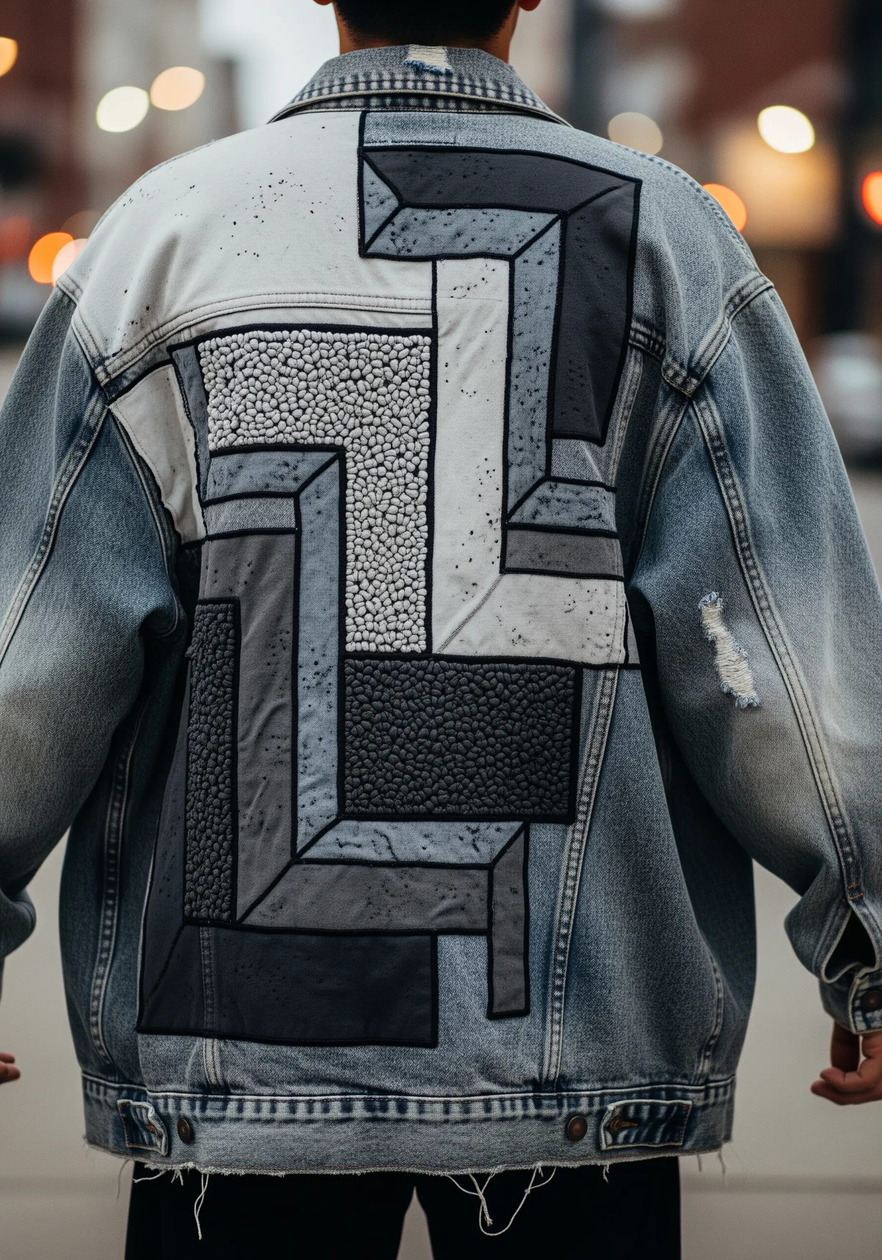 A monochrome abstract geometric design on a denim jacket using varied textures and fabrics.
