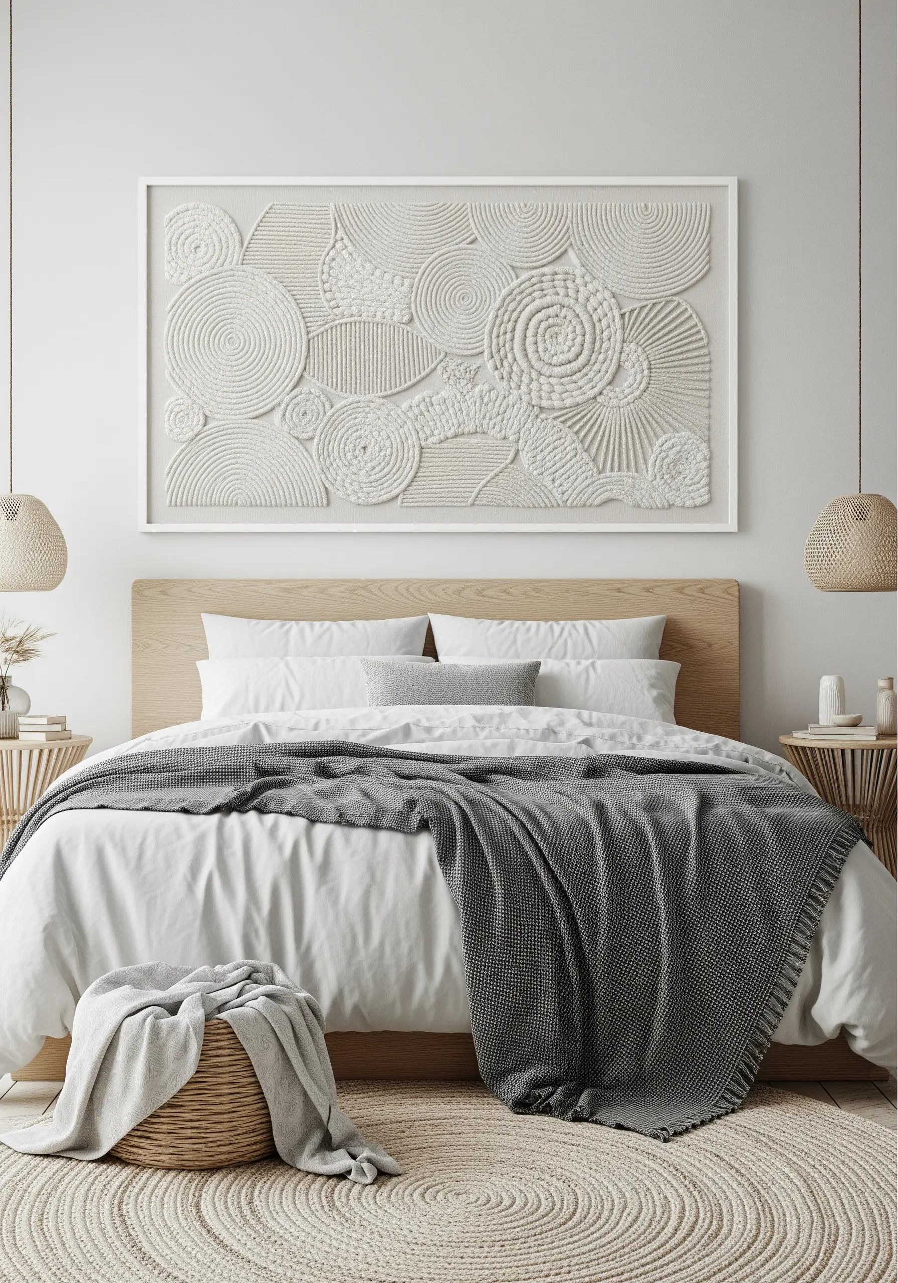 Large framed monochrome white embroidery with heavy textural and sculptural stitches.