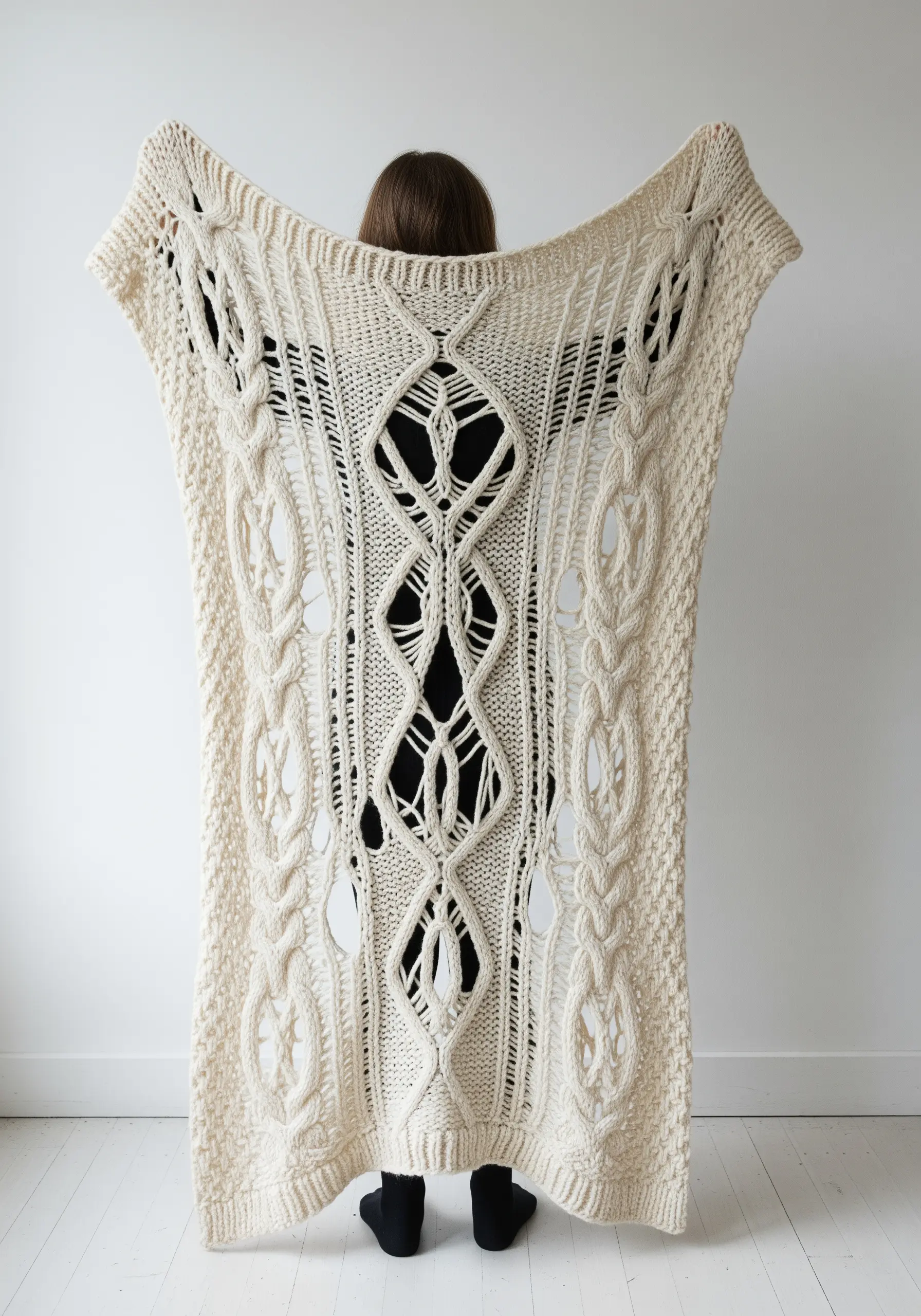 A person holding up a large cable-knit panel with large, open sections in the pattern.
