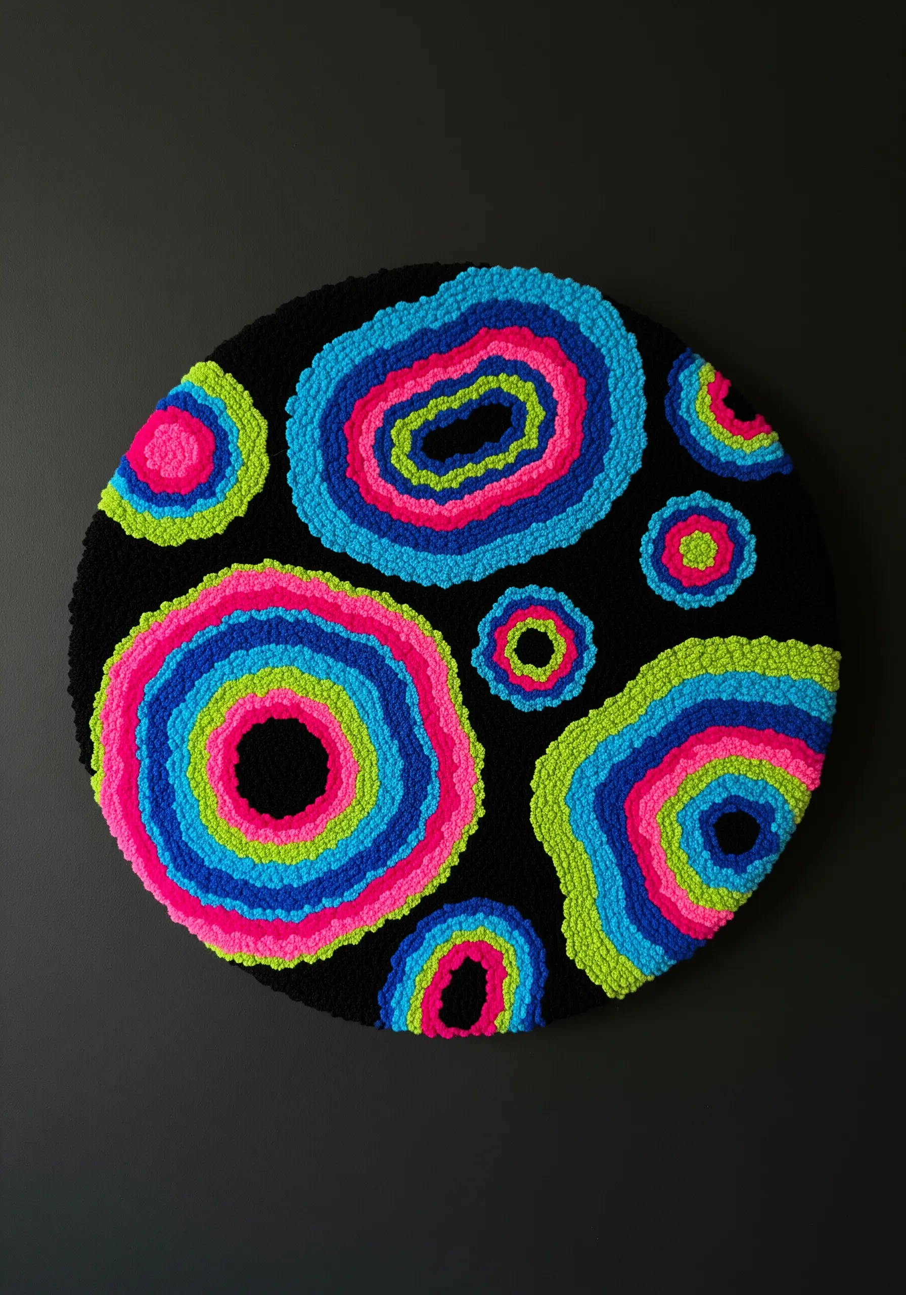 Circular punch needle art with bright pink, blue, and green organic shapes on a black background