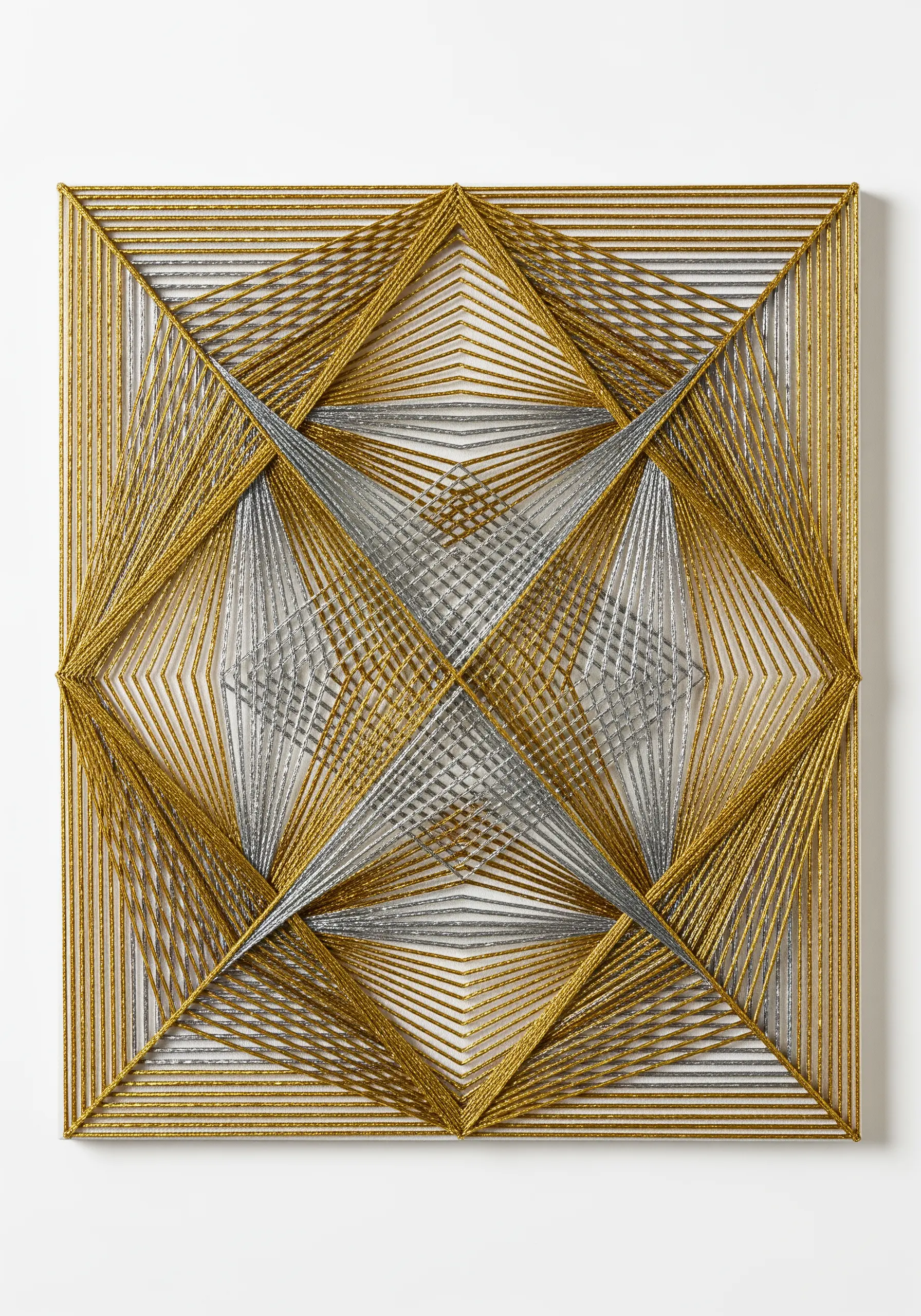 Geometric string art with intersecting lines of gold and silver metallic thread creating an illusion.