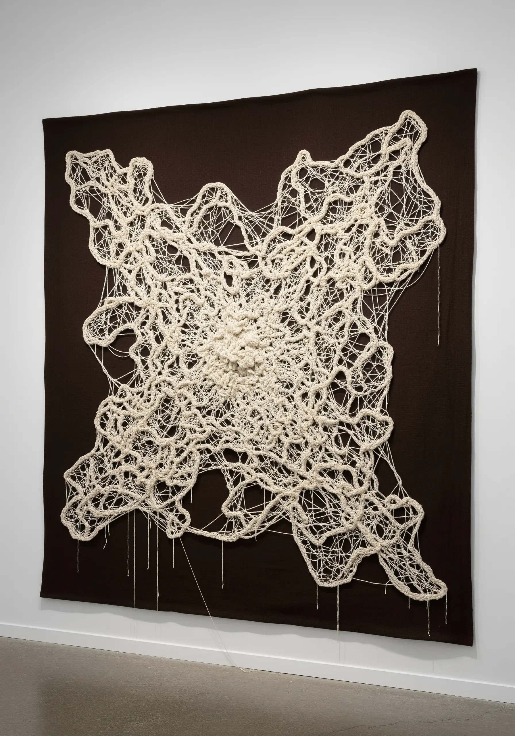 A large, web-like white embroidery mounted on a dark brown wall, creating a freeform lace effect.