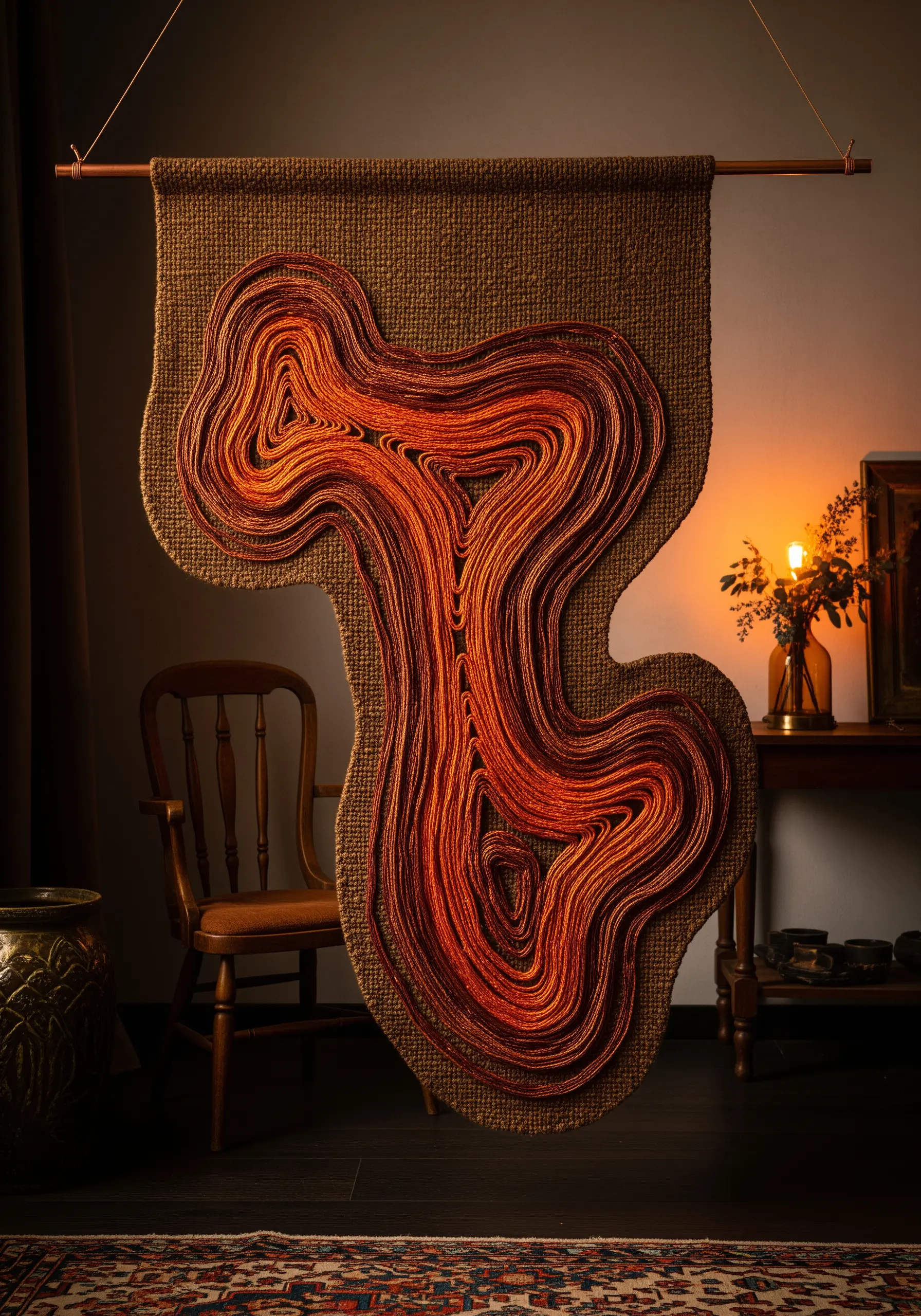 An abstract, organic-shaped yarn wall art in shades of orange and copper on a burlap hanging.
