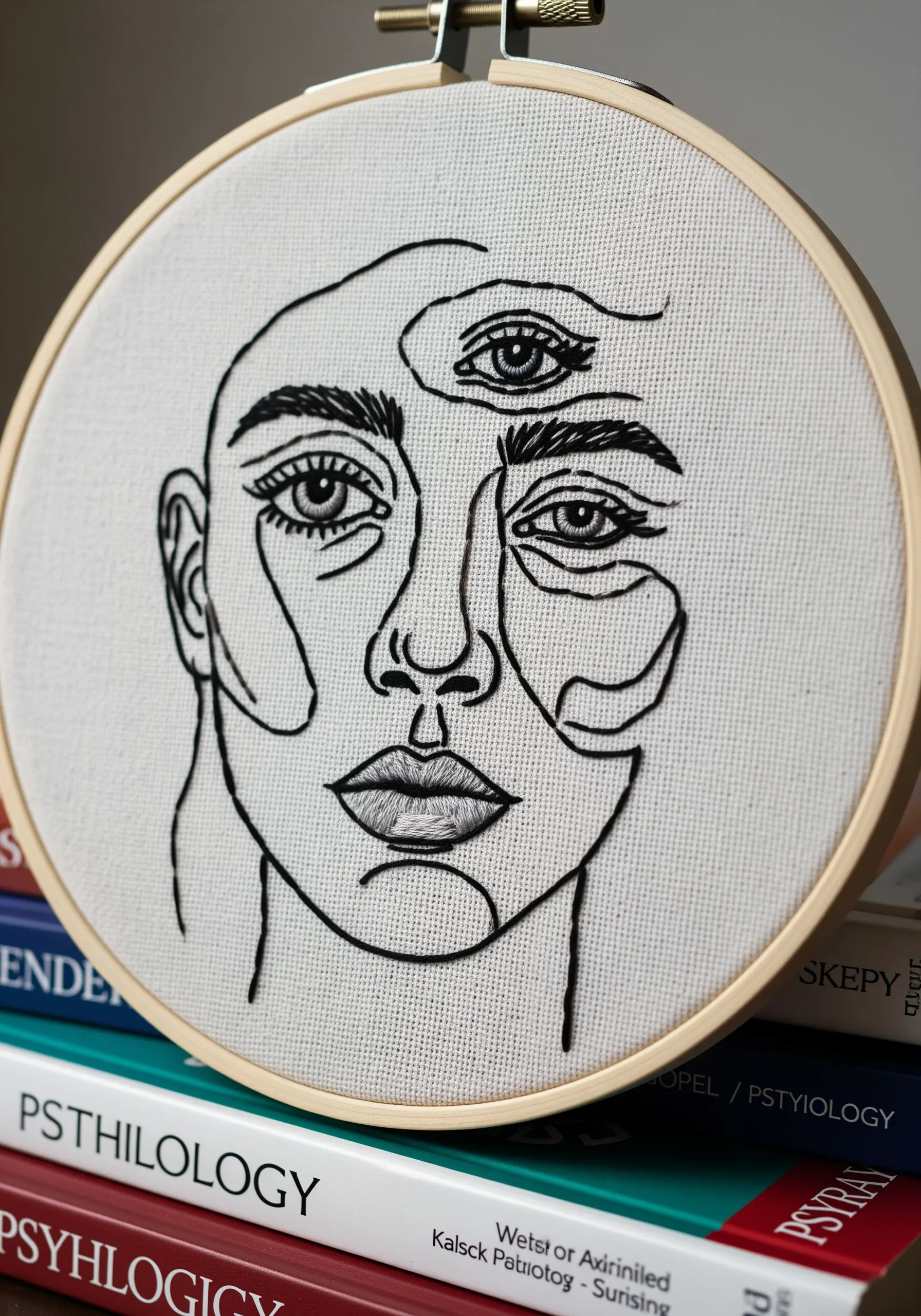 A line art portrait with a surrealist third eye embroidered on the forehead.
