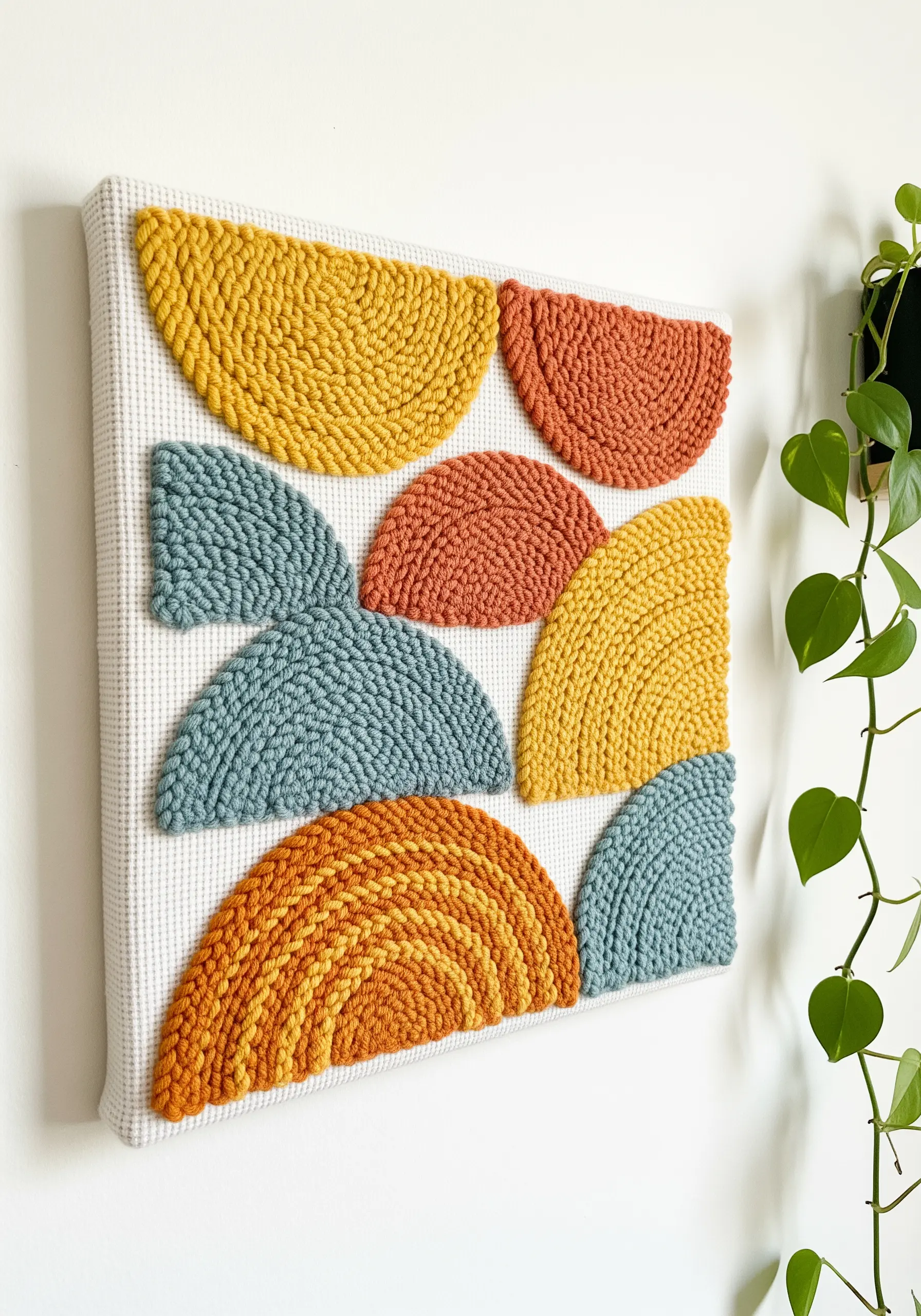 Abstract punch needle wall art with semi-circles in yellow, blue, and terracotta.