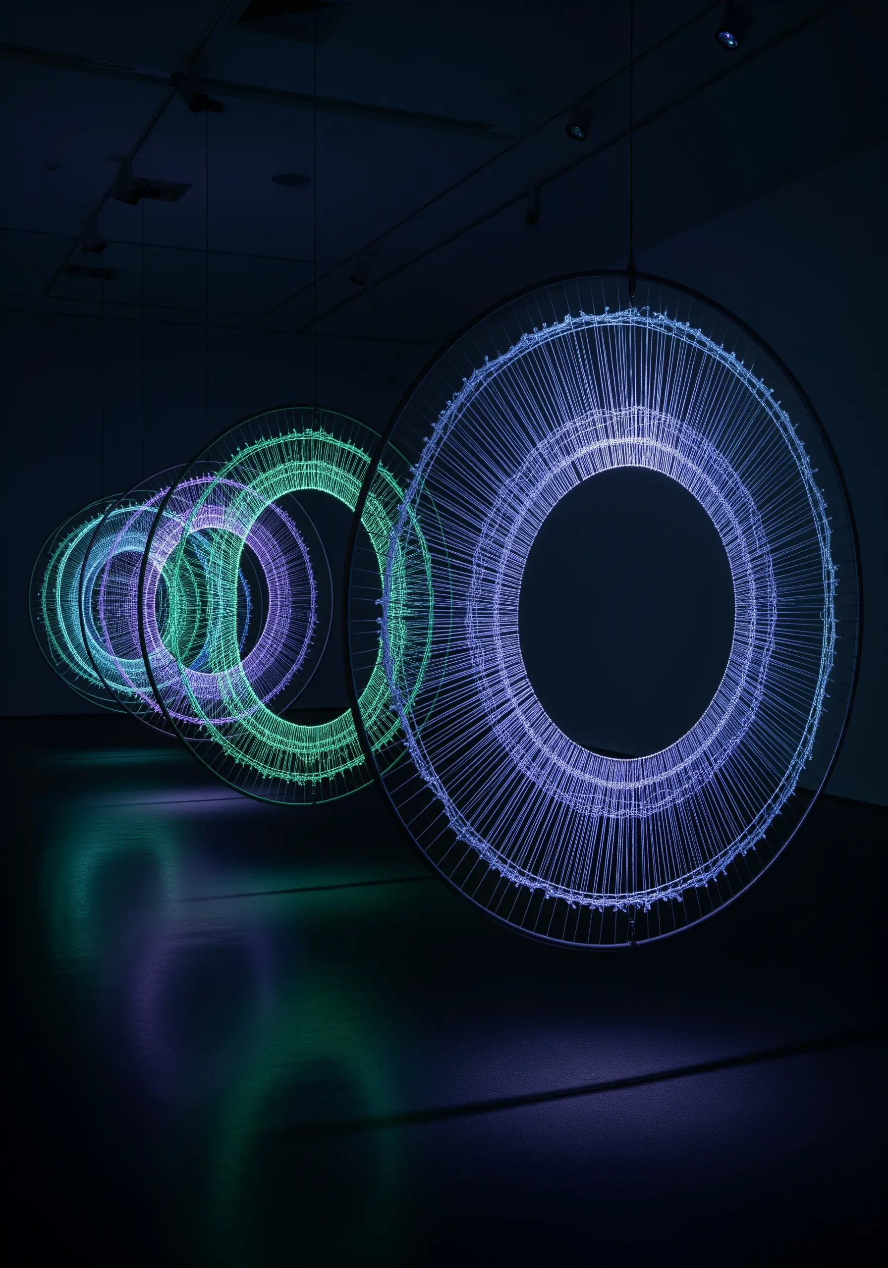 A series of large, circular frames with threads strung across them, glowing in neon green and purple.