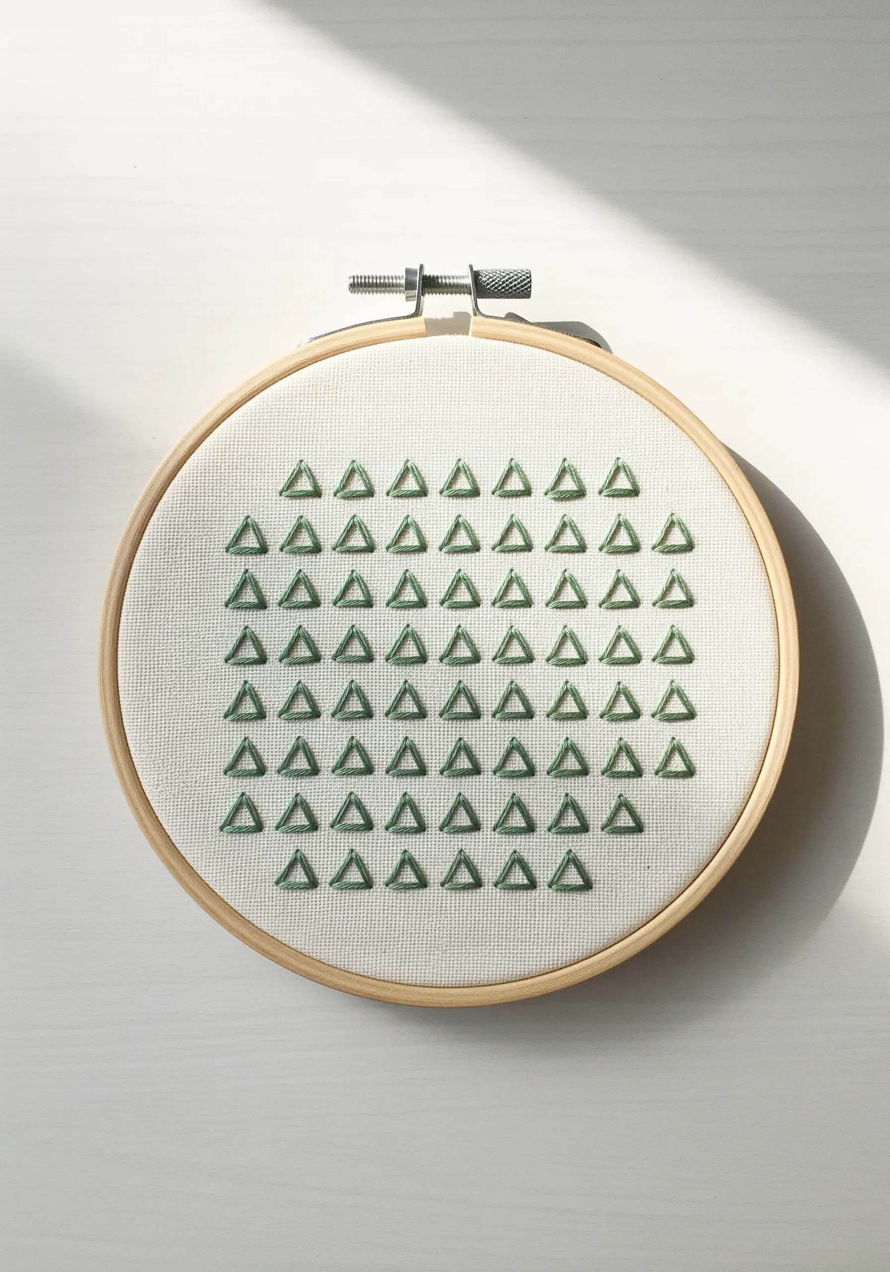 A grid of small, repeating triangles stitched in green thread on a light neutral fabric.