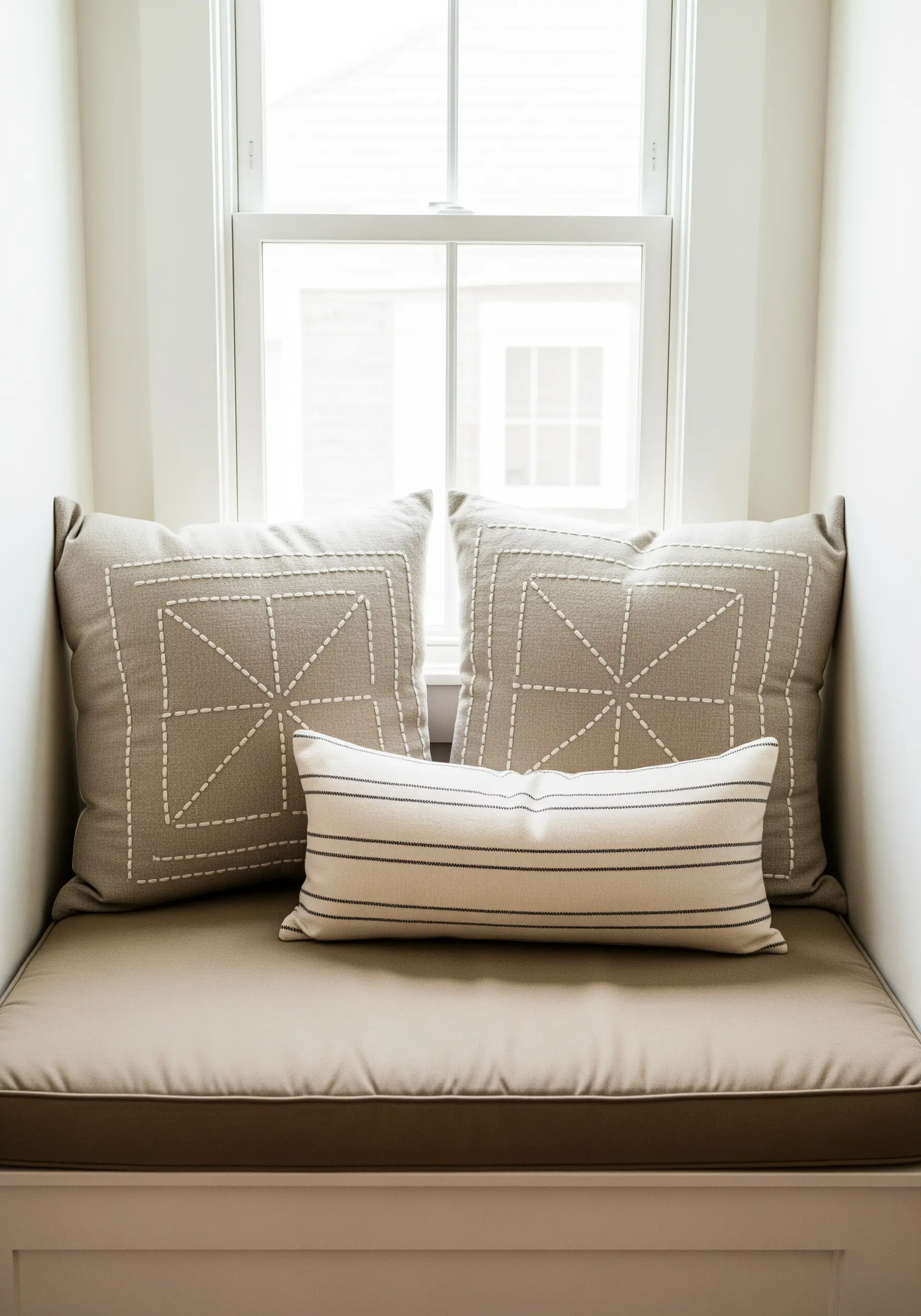 Neutral-toned cushions in a window seat with white, geometric Sashiko-inspired running stitch patterns.