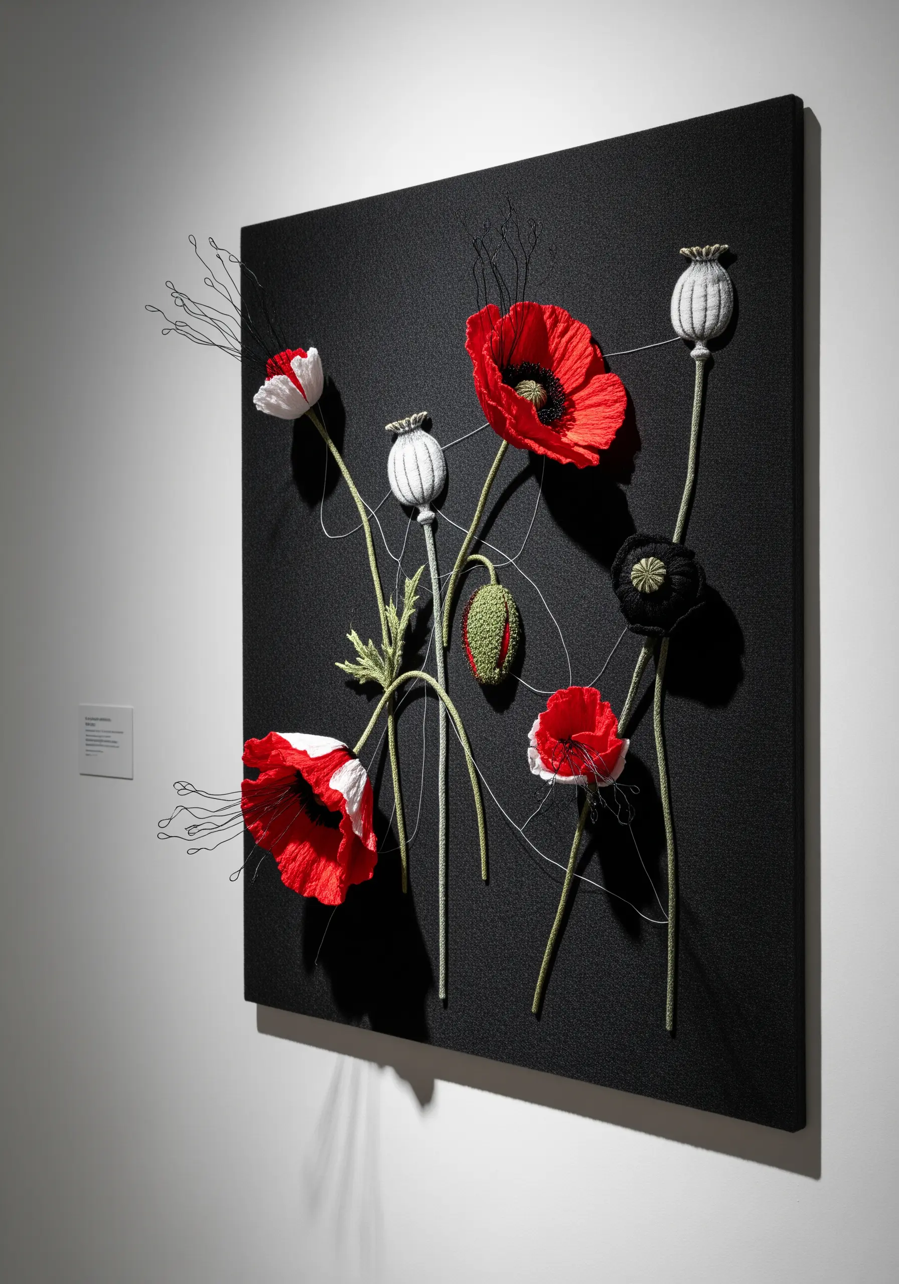3D mixed-media embroidery of poppies and seed pods on a black canvas.