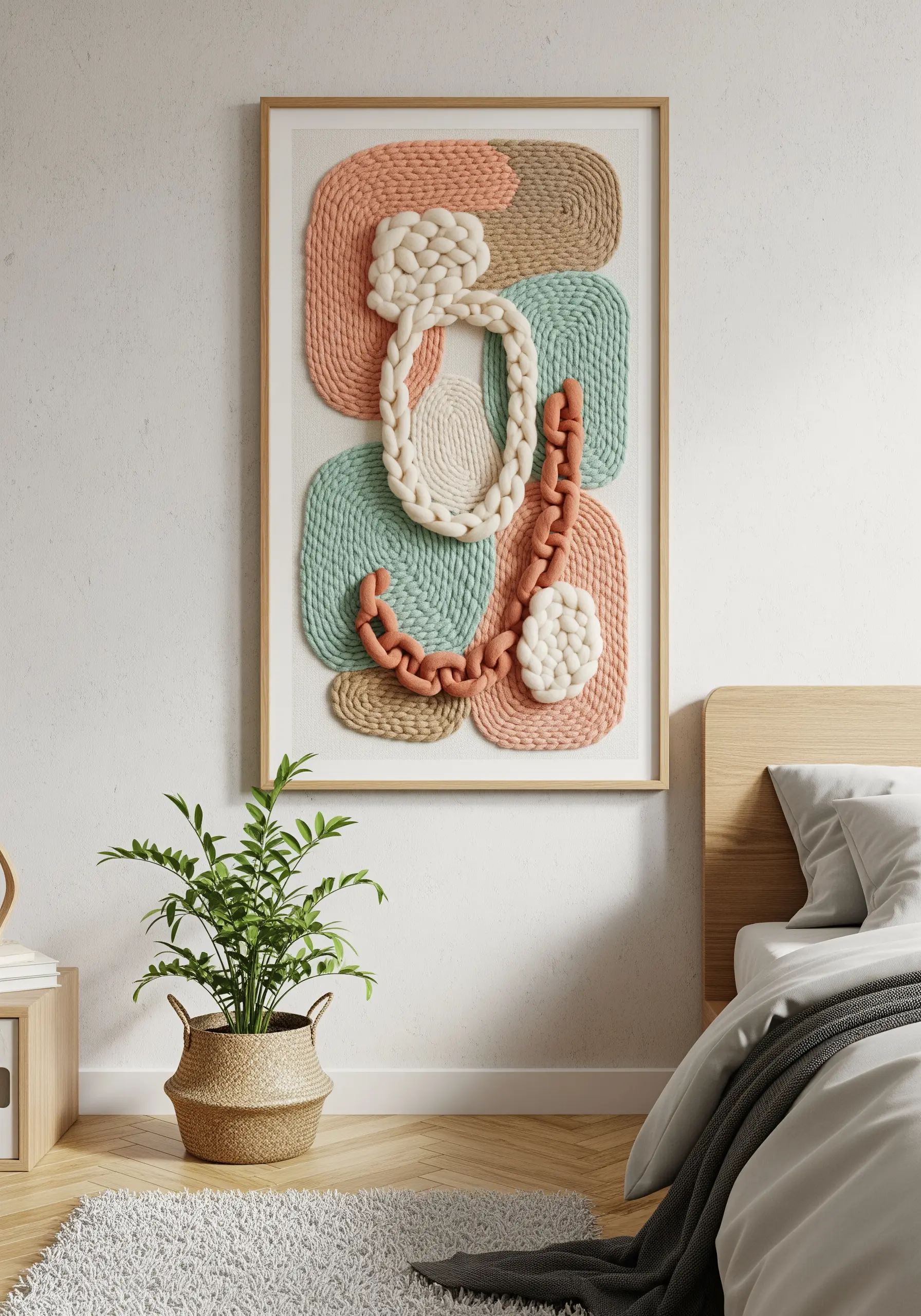 Abstract wall art with chunky, couched yarn in pastel and earth tones in a frame.