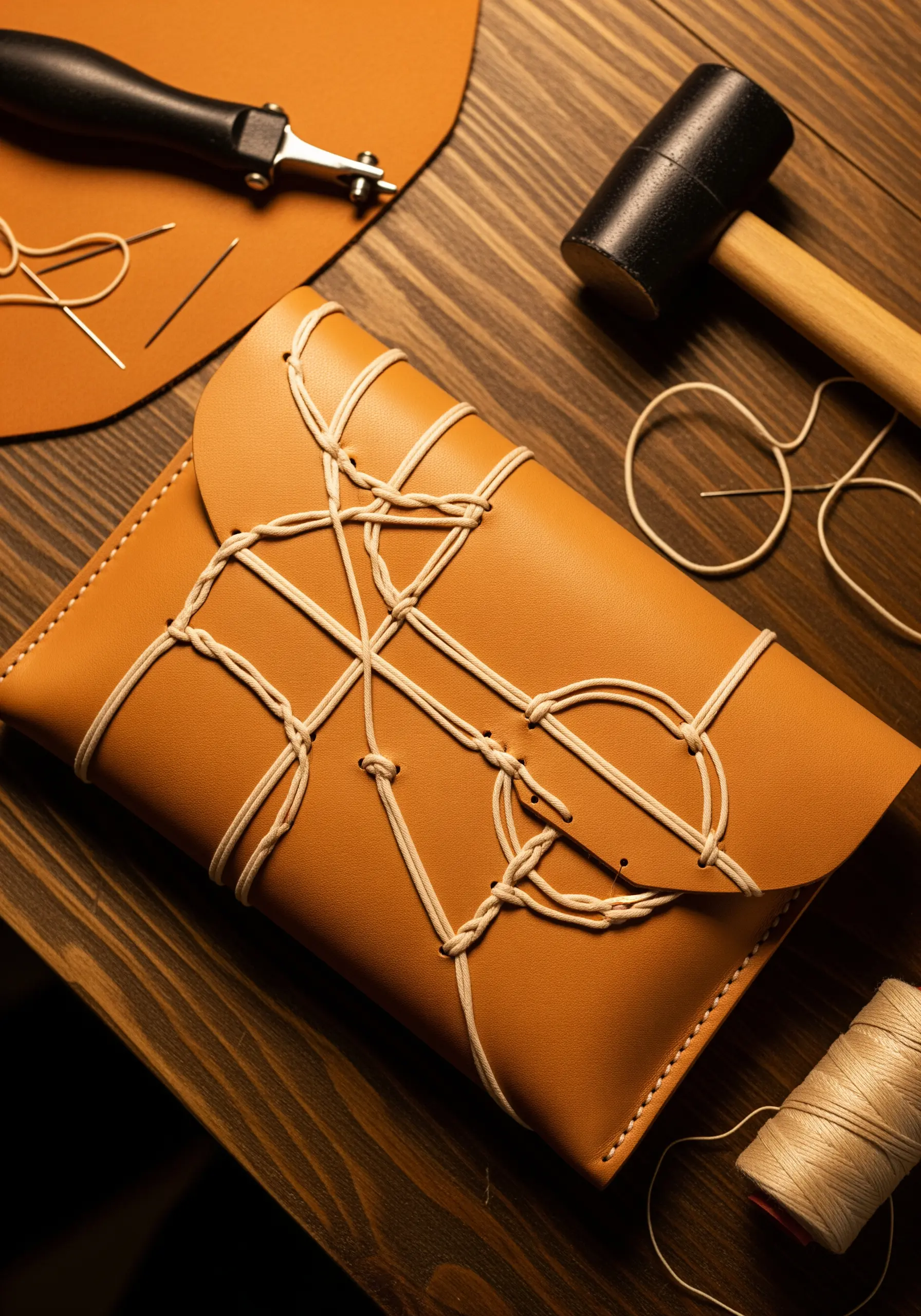 A tan leather clutch being assembled with thick, white waxed thread and leatherworking tools.