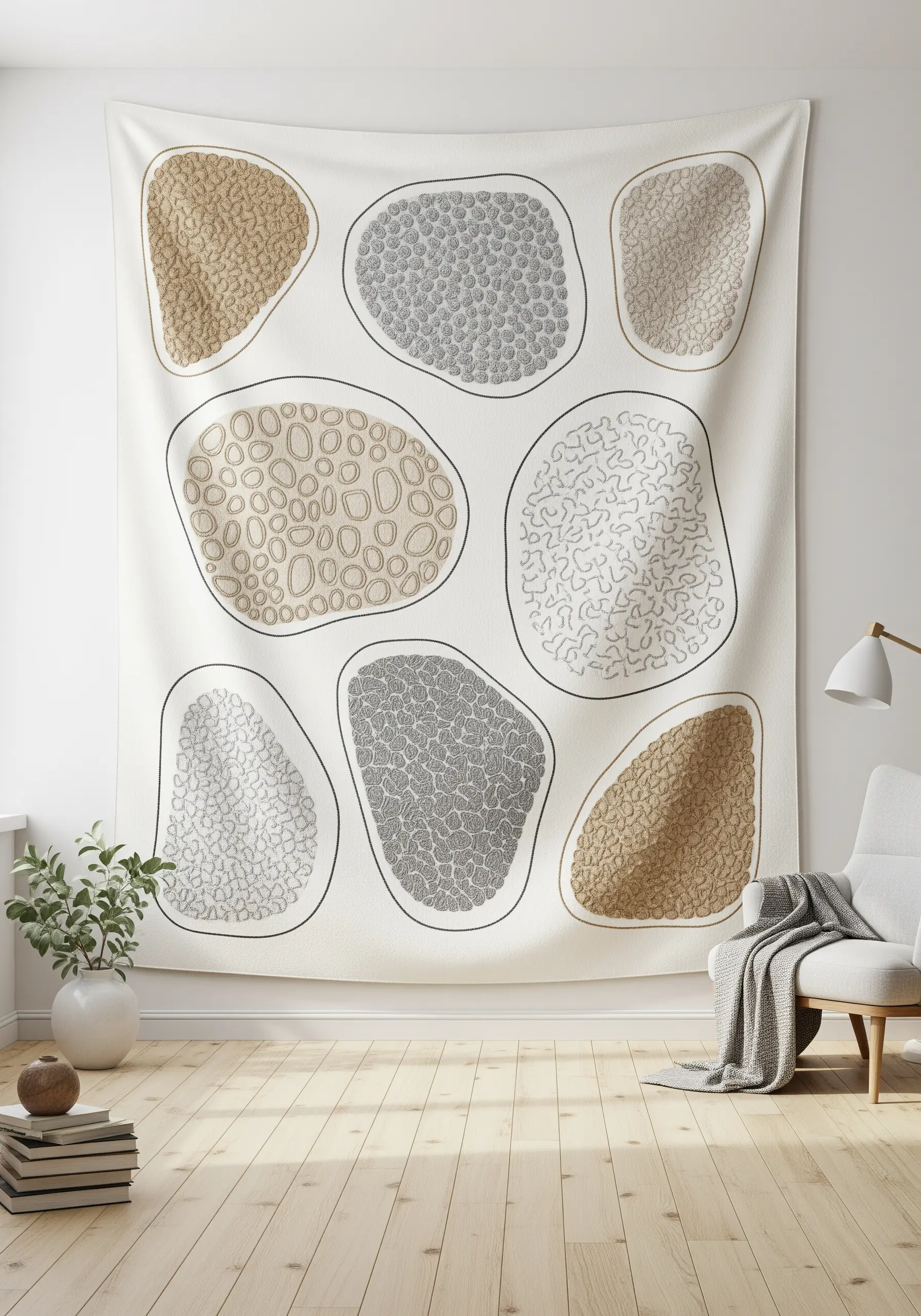 A large wall tapestry with organic, pebble-like shapes filled with varied stitch patterns.