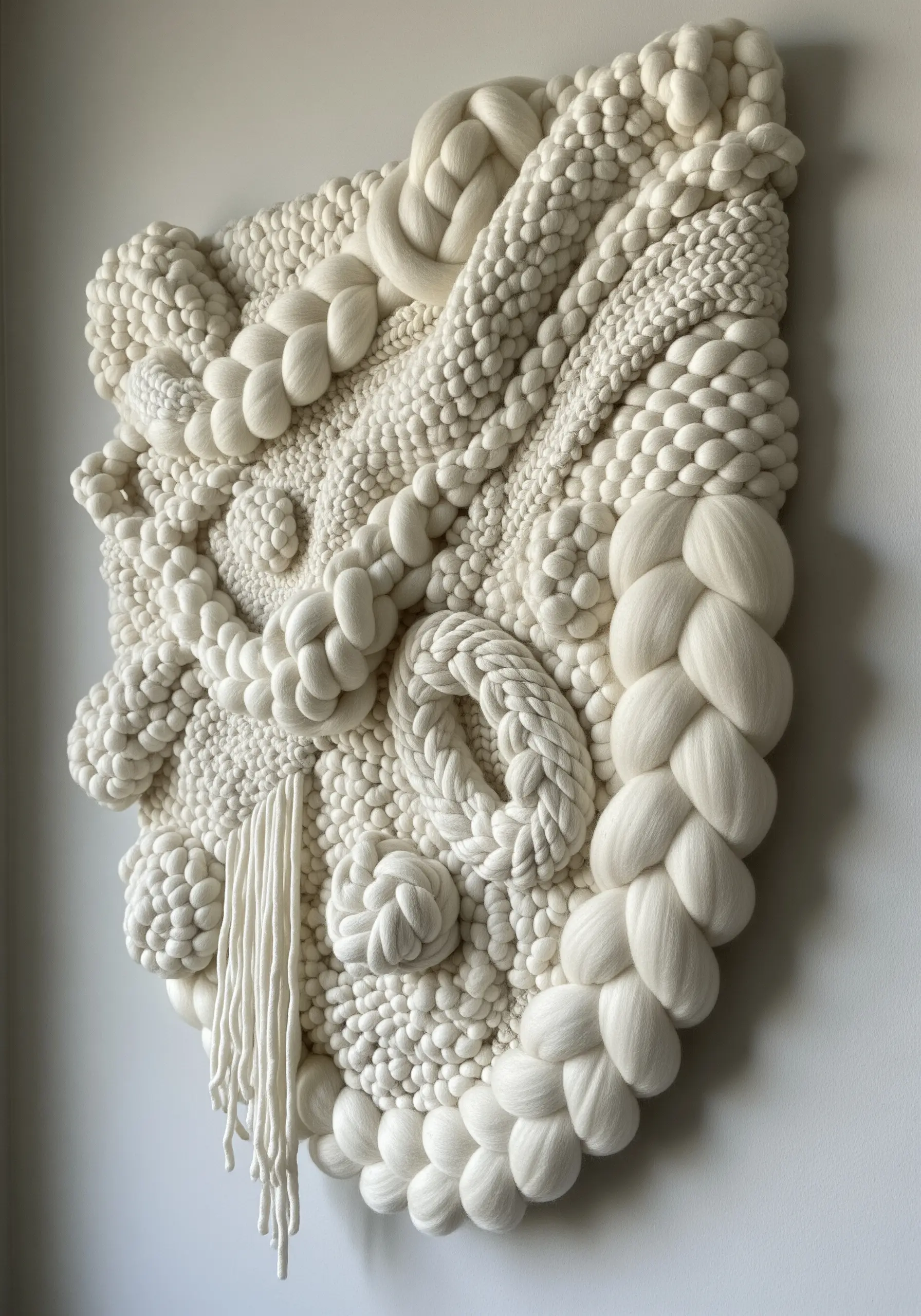 A large, all-white woven wall hanging featuring a dense variety of knots, braids, and loops.