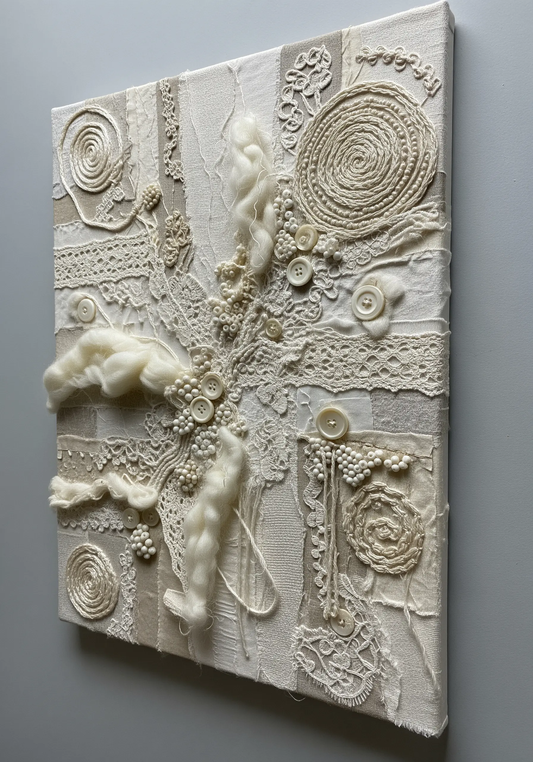 A white-on-white mixed-media canvas with lace, buttons, wool roving, and textured stitching.