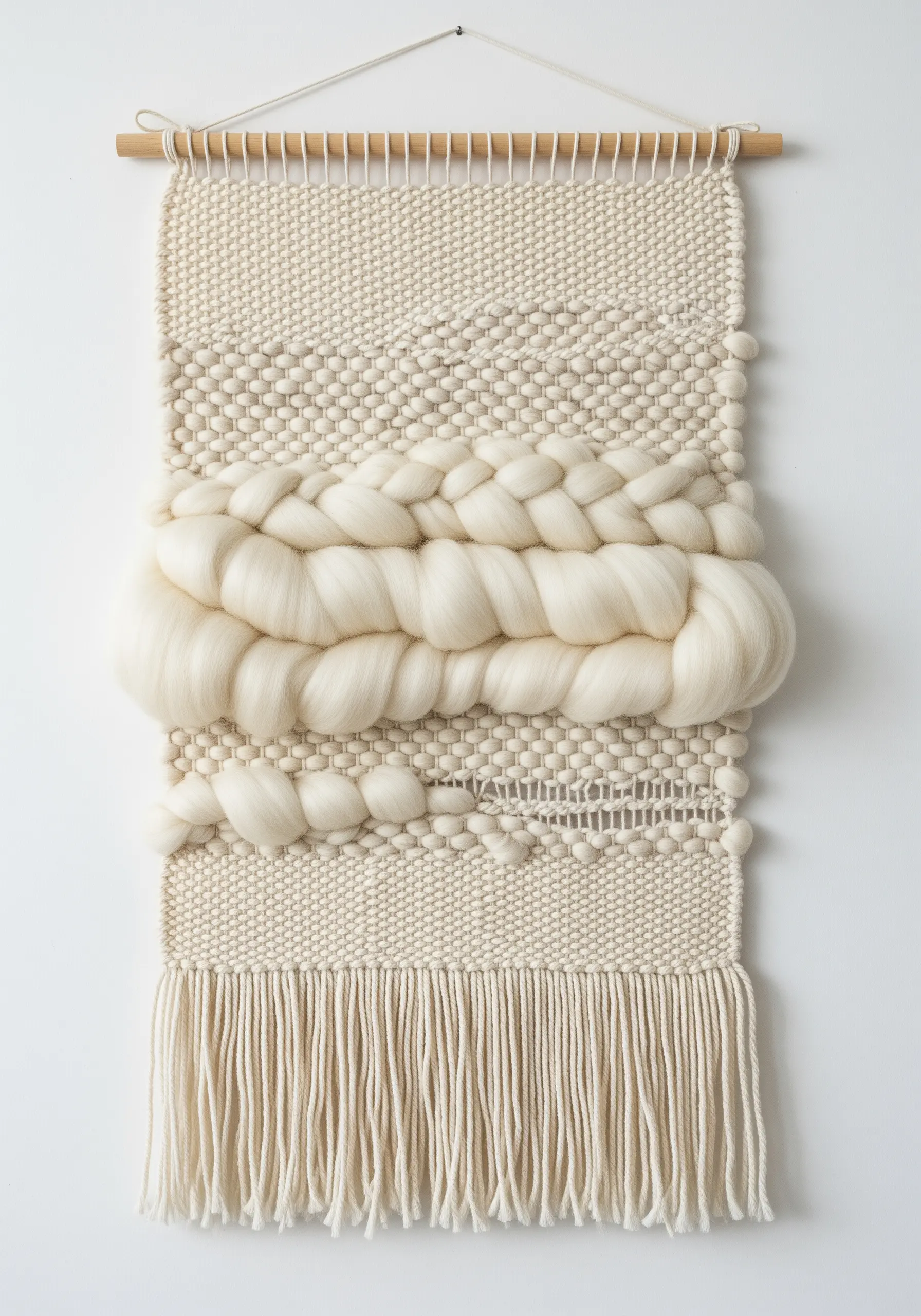 A monochromatic off-white woven wall hanging with varied textures, including chunky braids.