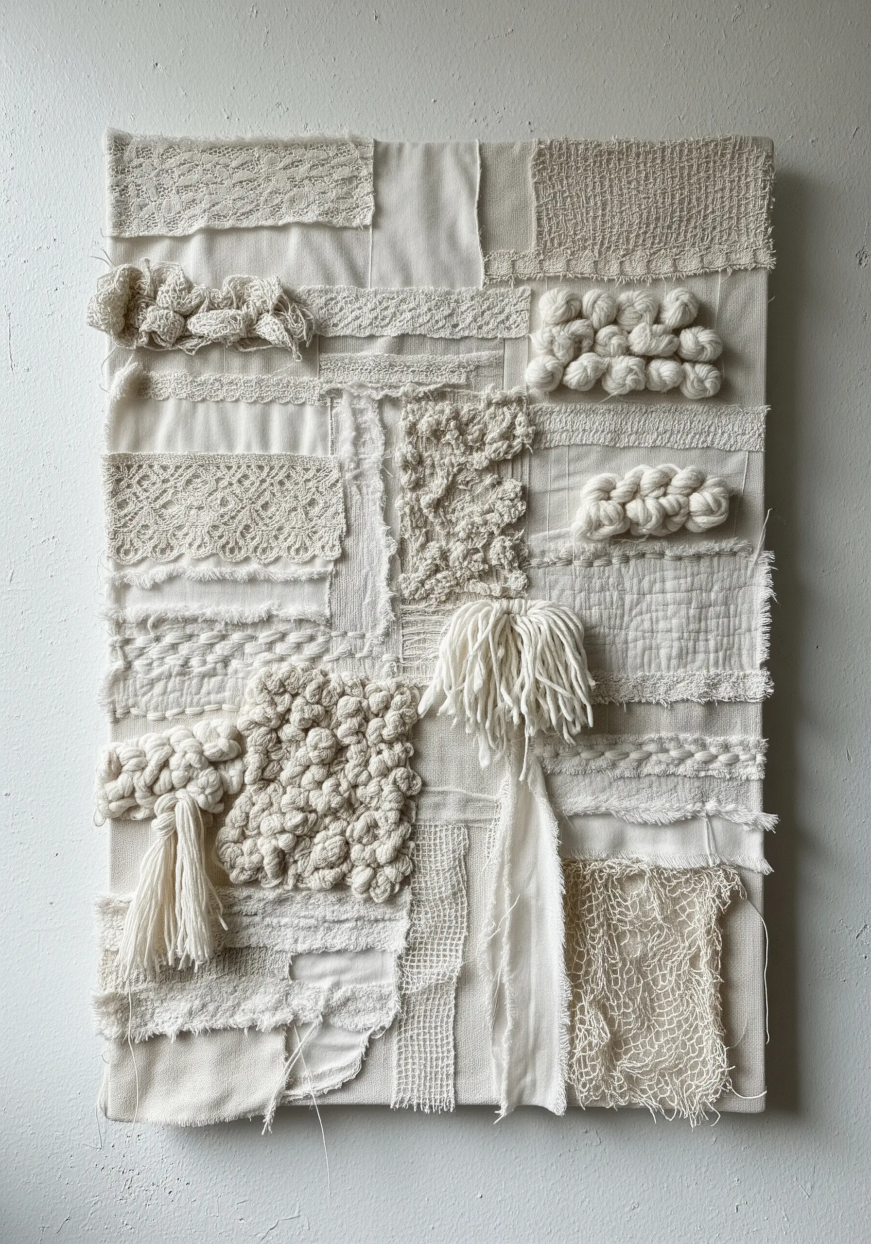 Monochrome white textural wall art using different fabrics like lace, yarn, and canvas.