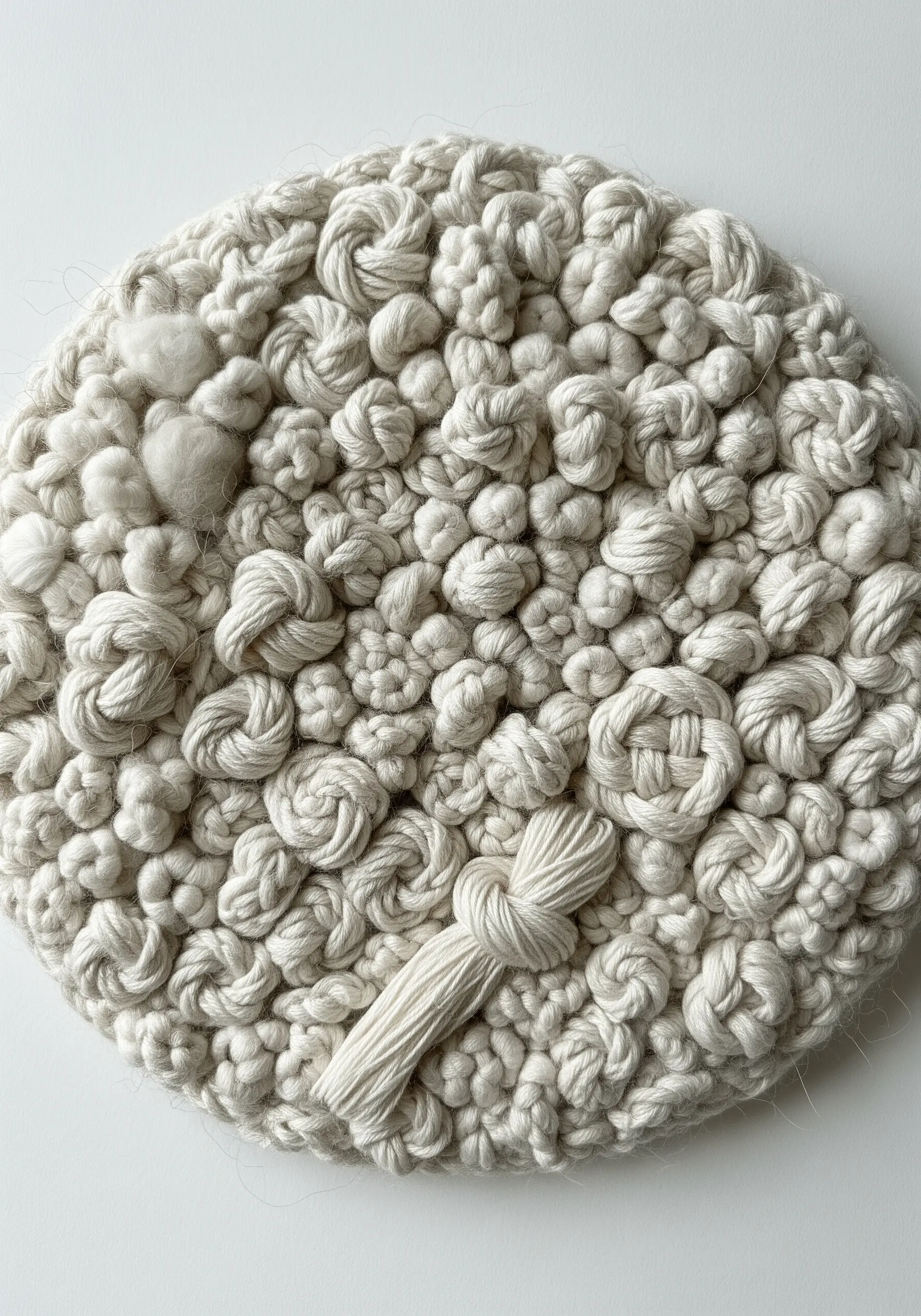 A dense, monochromatic embroidery filled with various types of white knots and textures.