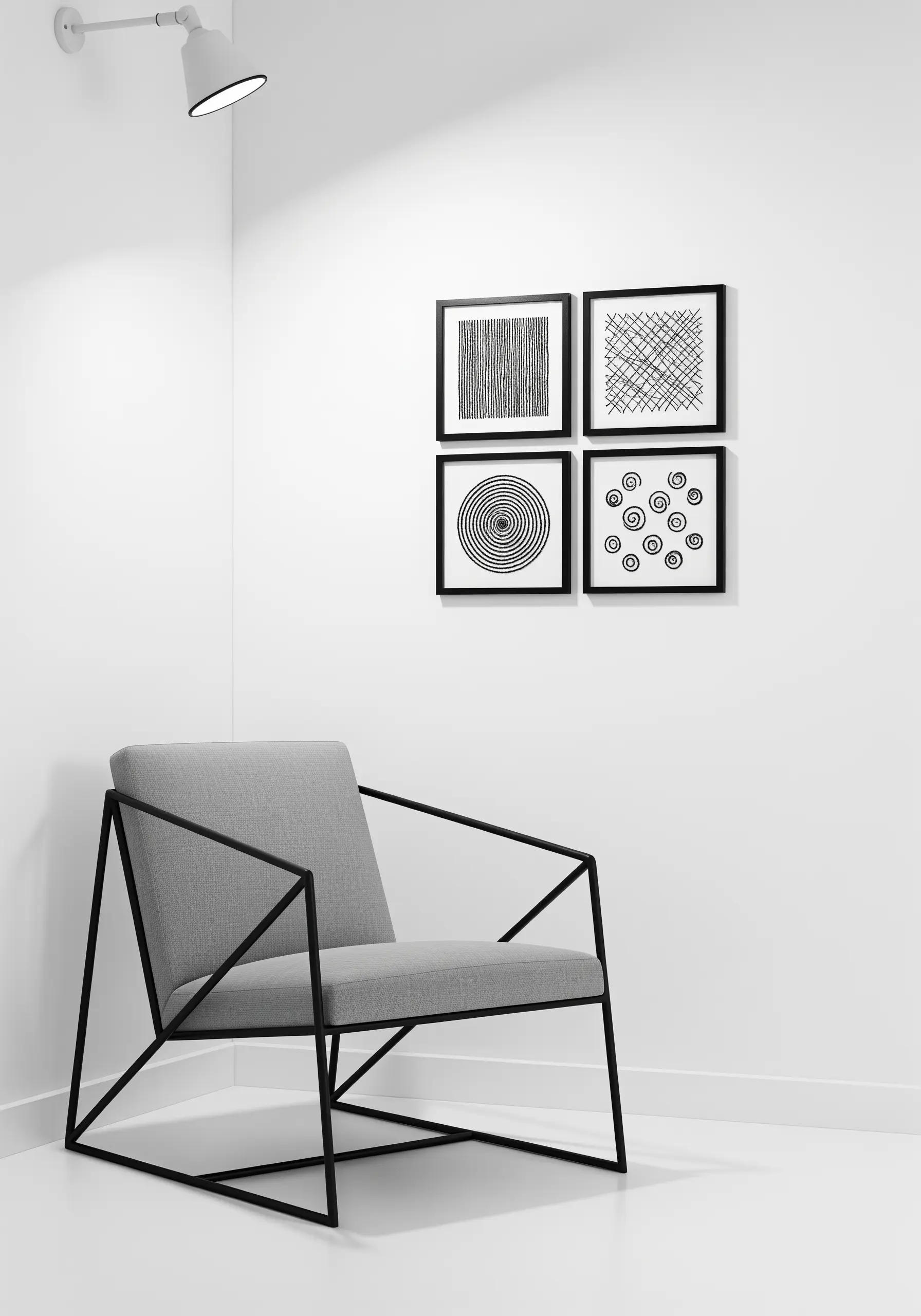 Four framed black-and-white embroidery pieces with abstract geometric line patterns.