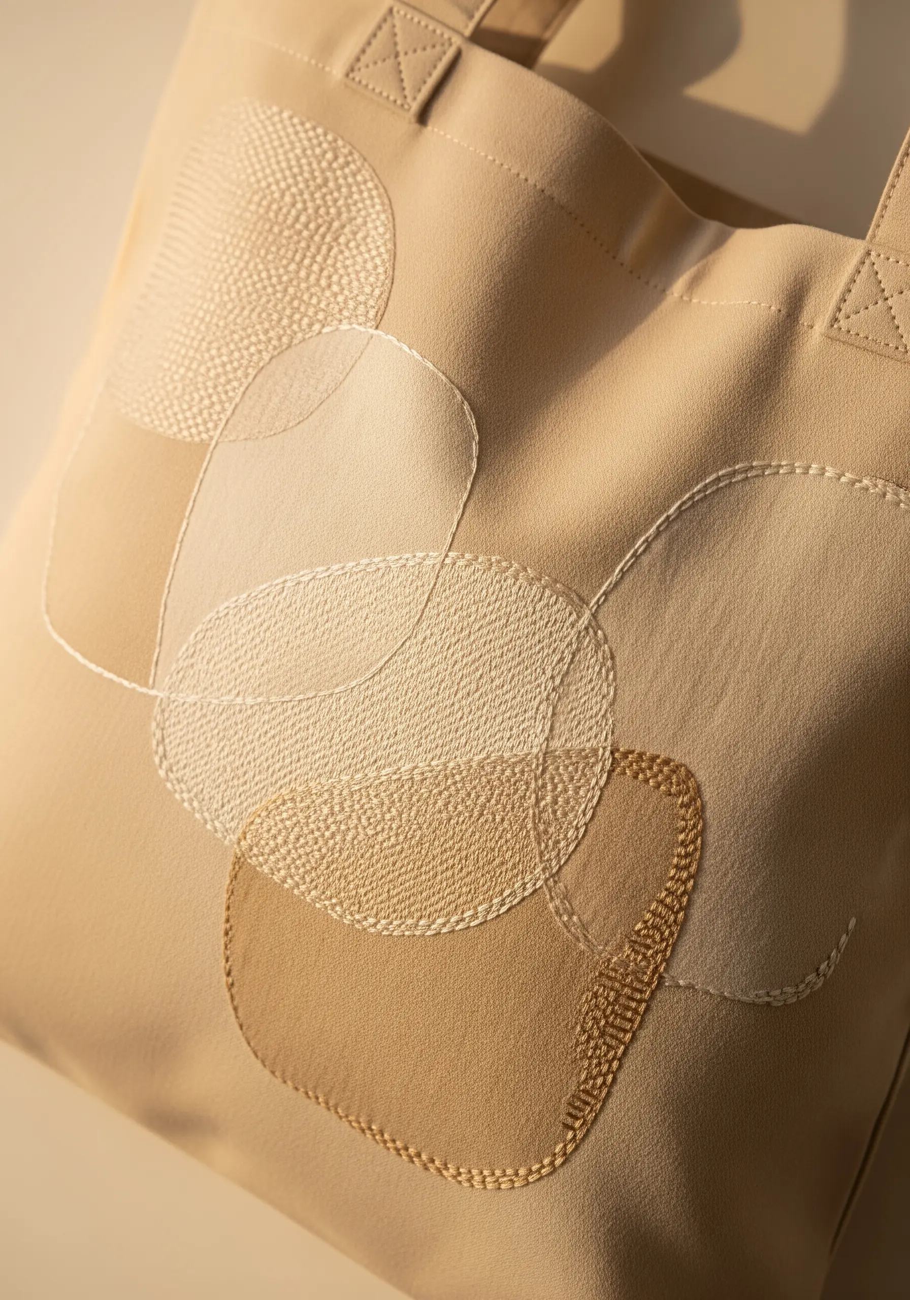 Overlapping abstract shapes in neutral tones, filled with various textural stitches on a beige tote.