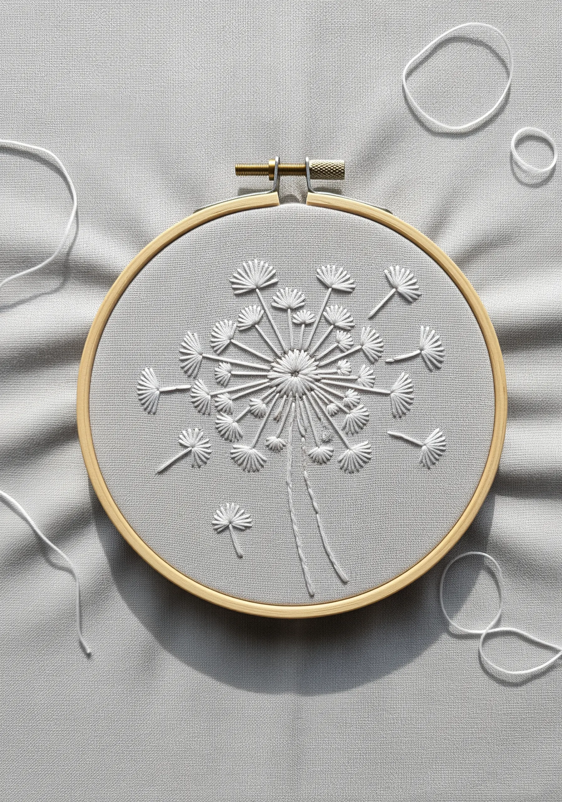 White dandelion embroidered with white thread on light grey fabric for a subtle effect.