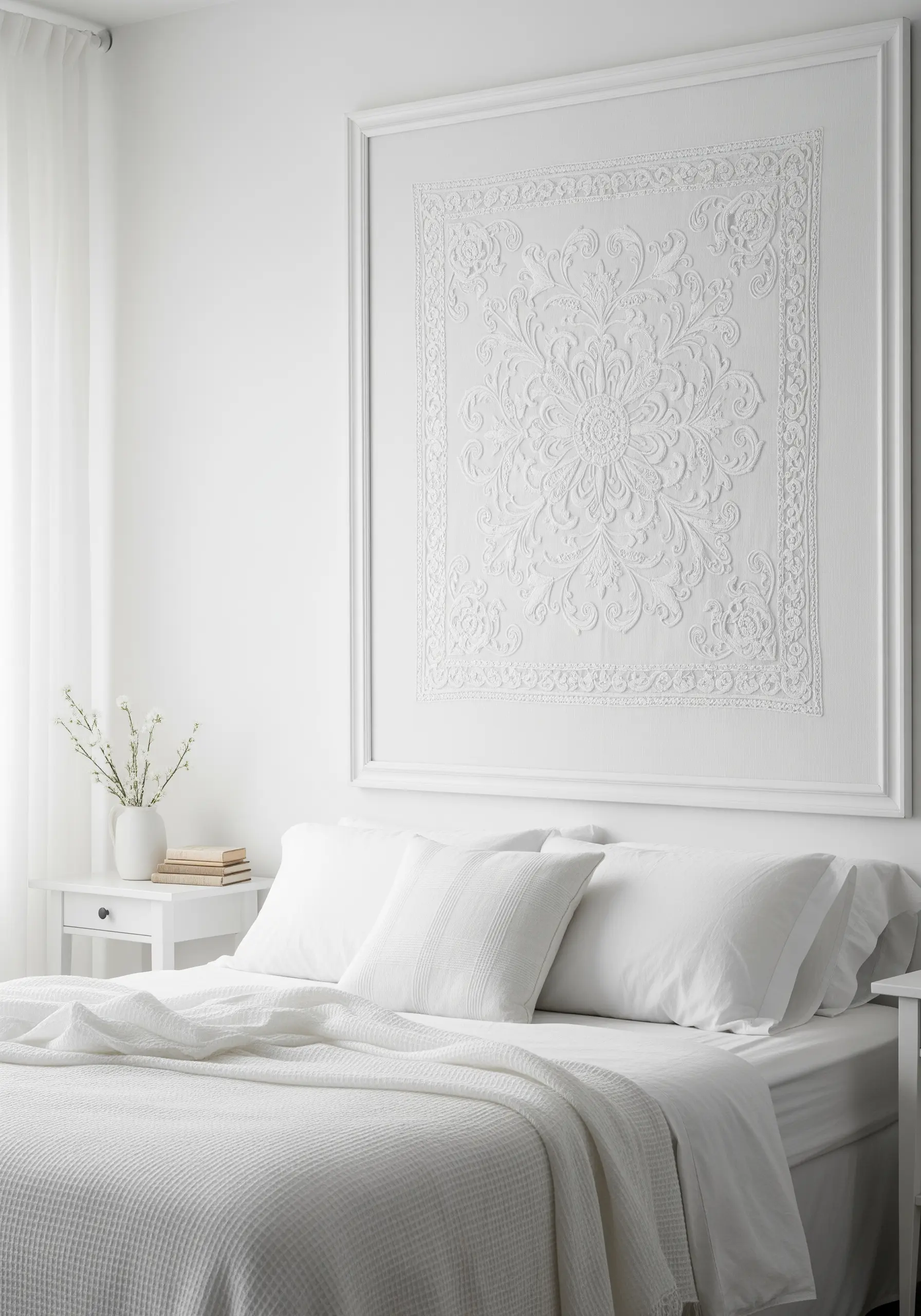A large, intricate white-on-white embroidered panel with raised floral and scroll motifs.