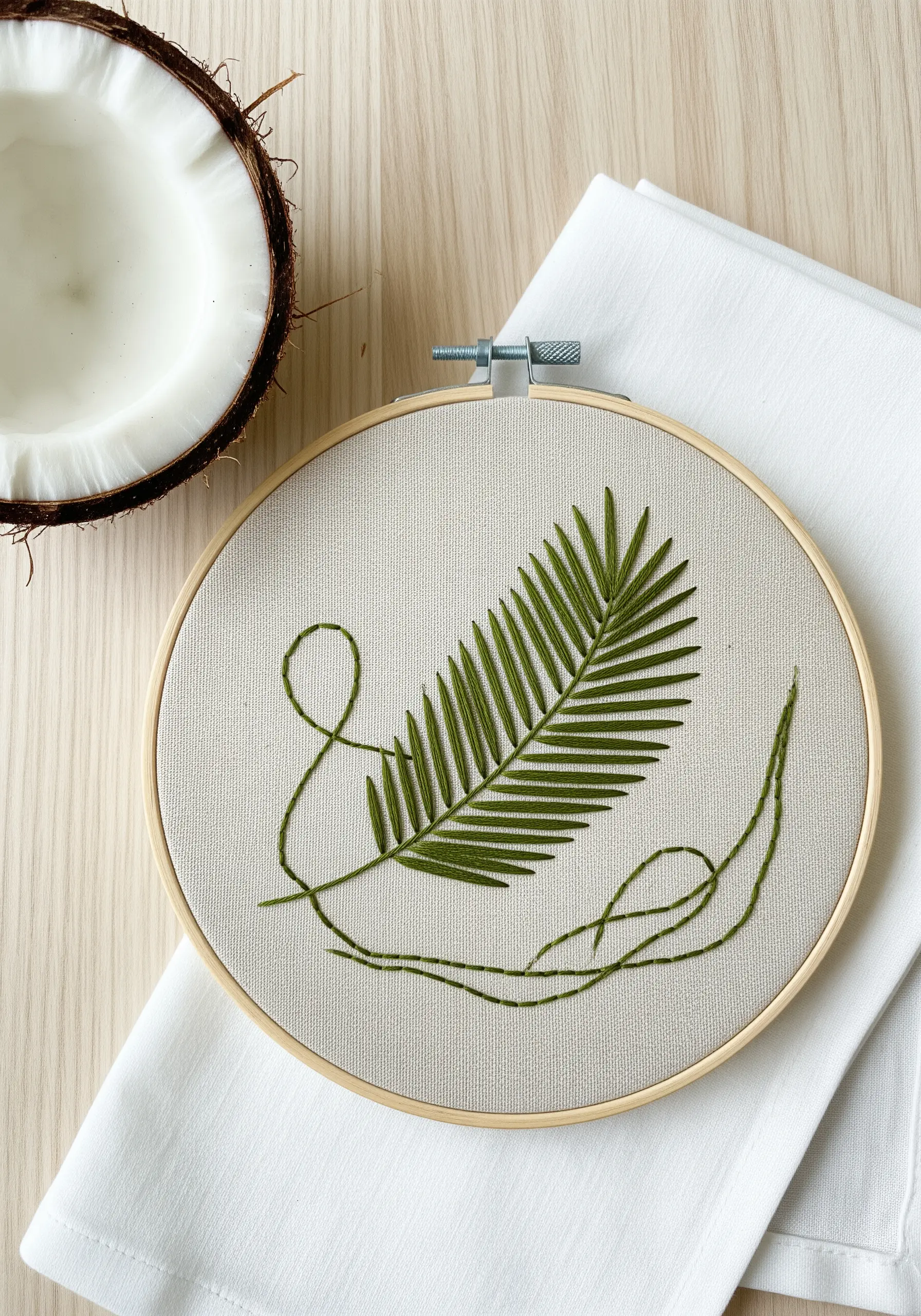 A minimalist line art embroidery of a single palm frond in green thread.