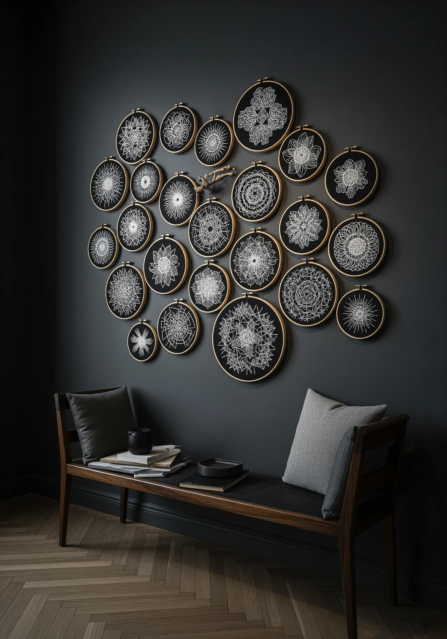 A large collection of intricate white-on-black mandala embroidery hoops on a dark grey wall.