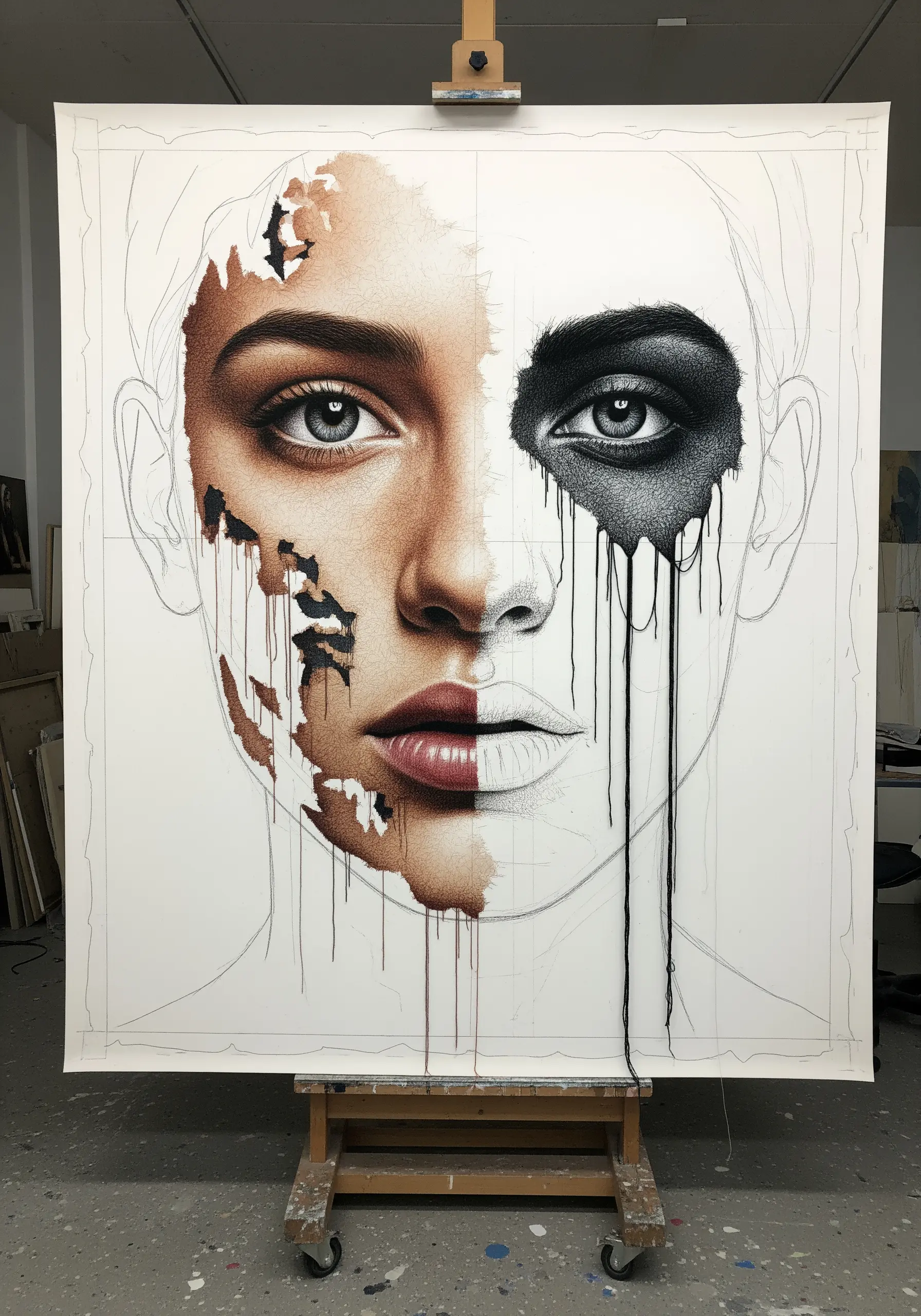 An embroidered portrait on an easel, intentionally left unfinished with visible sketch lines.