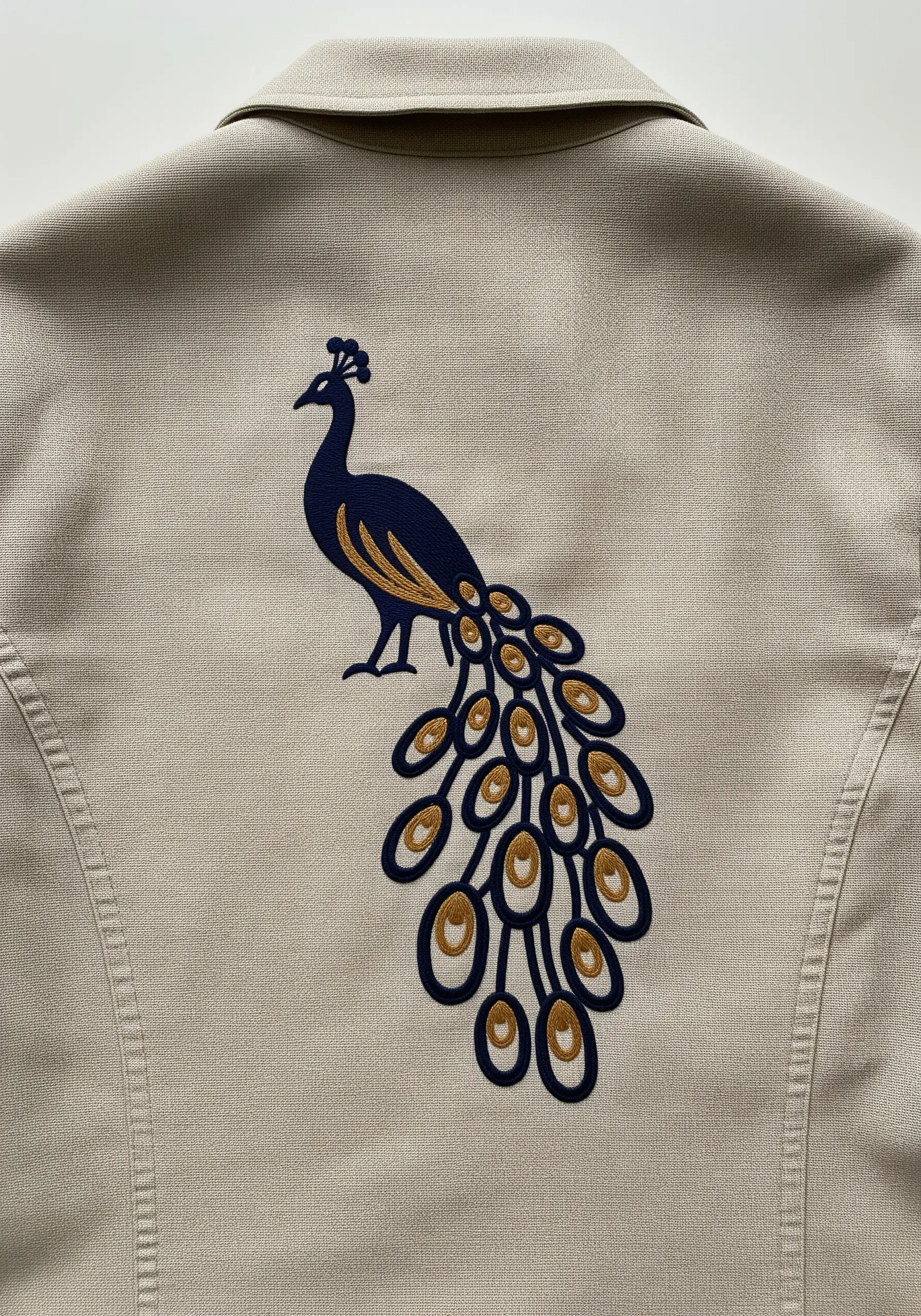 Minimalist two-tone peacock silhouette embroidered on the back of a beige jacket.