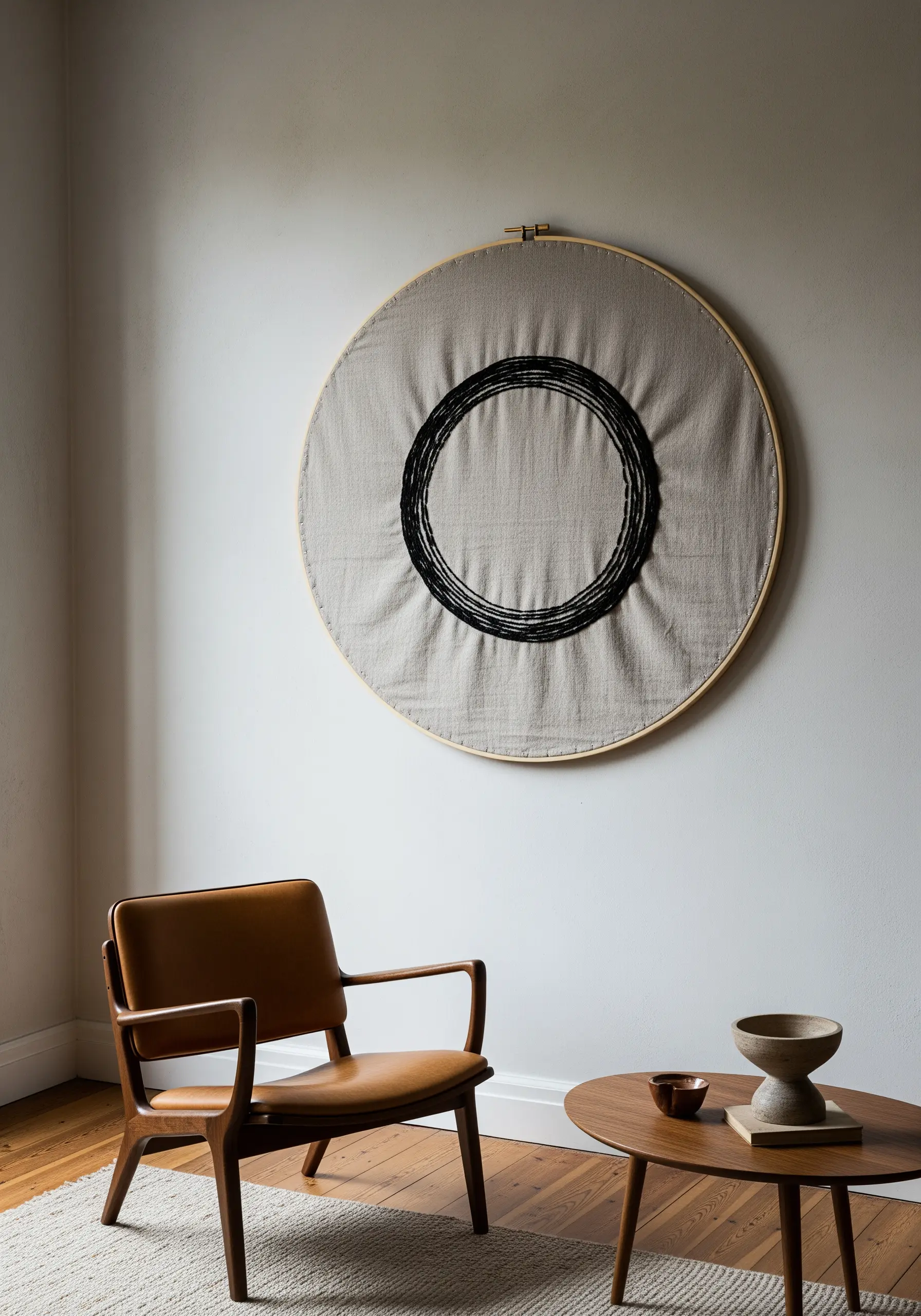 Large, minimalist hoop art with a heavily textured black circle on neutral linen.