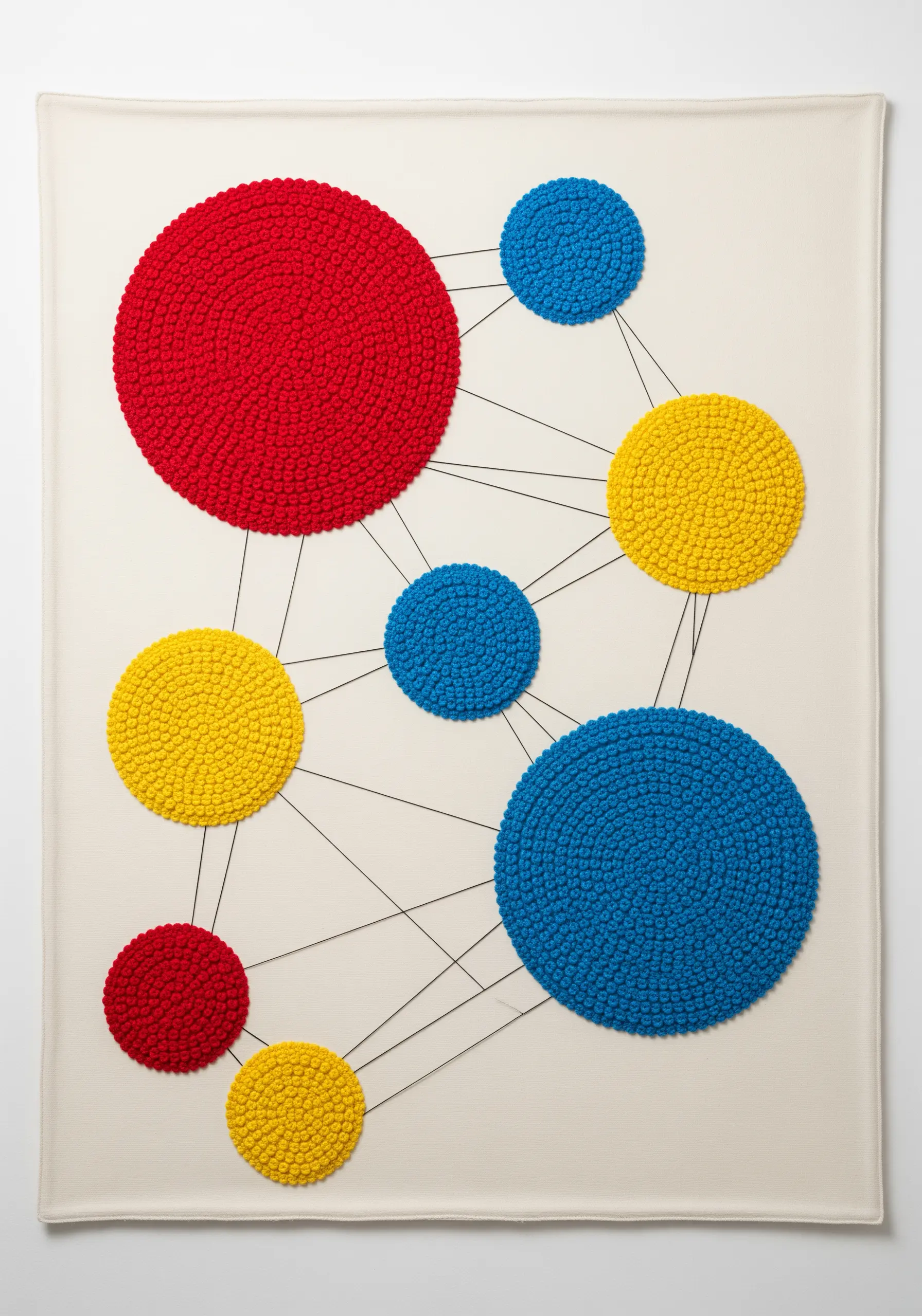 Abstract embroidery with textured primary-colored circles connected by thin black lines.