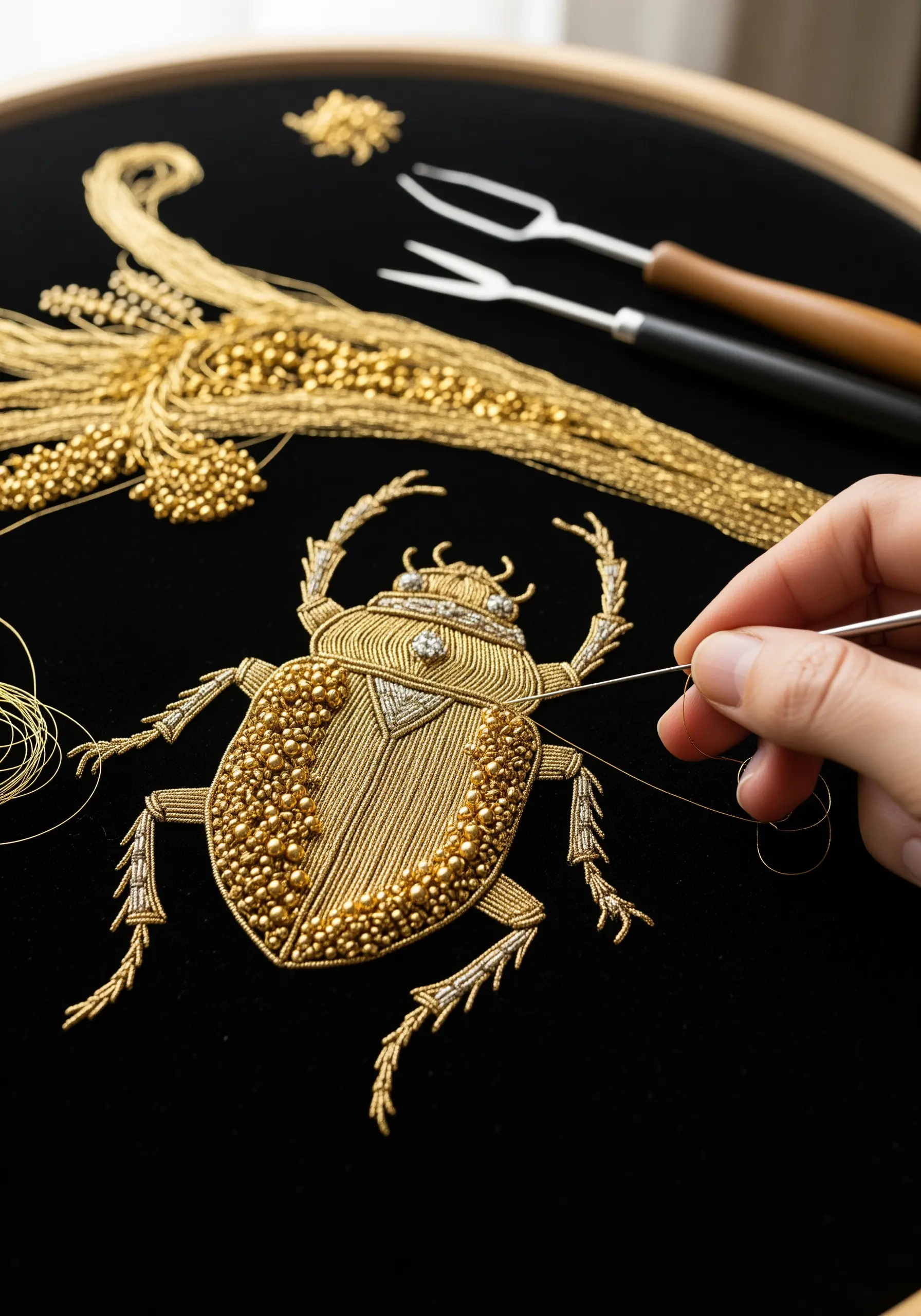 An intricate goldwork and bead embroidery of a scarab beetle on black velvet.