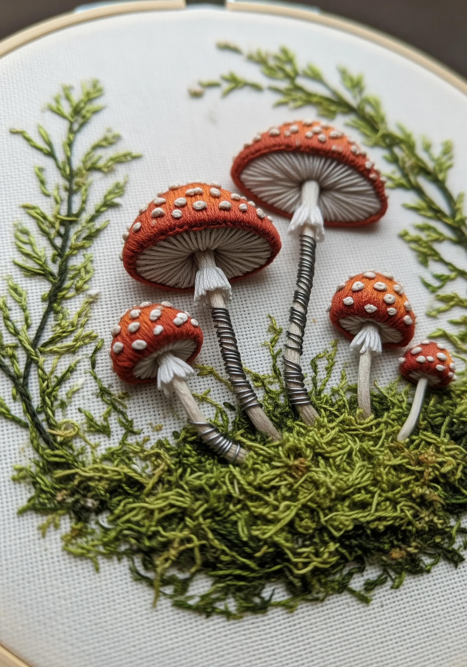 Highly textured, 3D stumpwork embroidery of red-capped mushrooms growing from green moss.