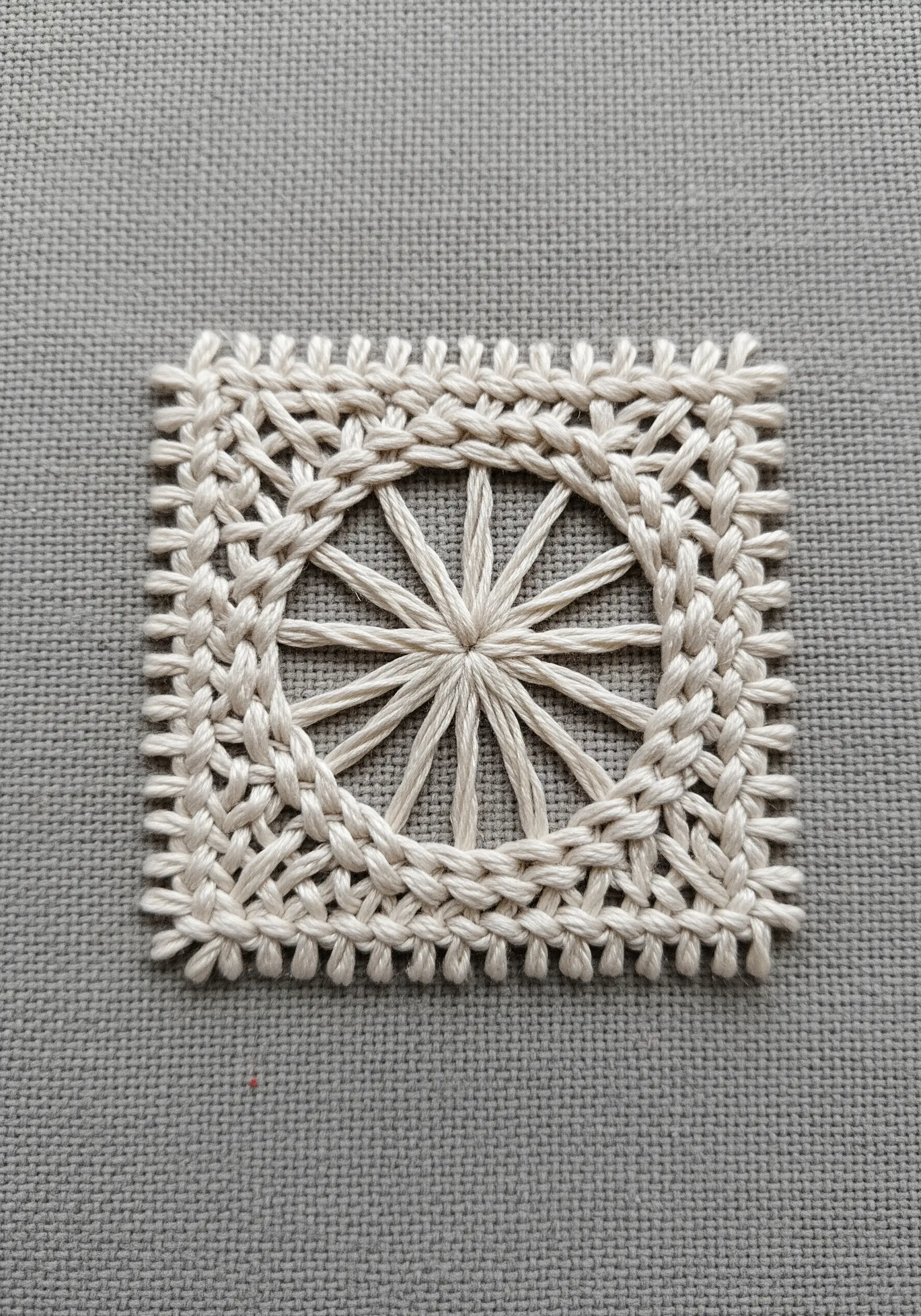 A square of intricate woven and drawn thread embroidery in a light cream color.