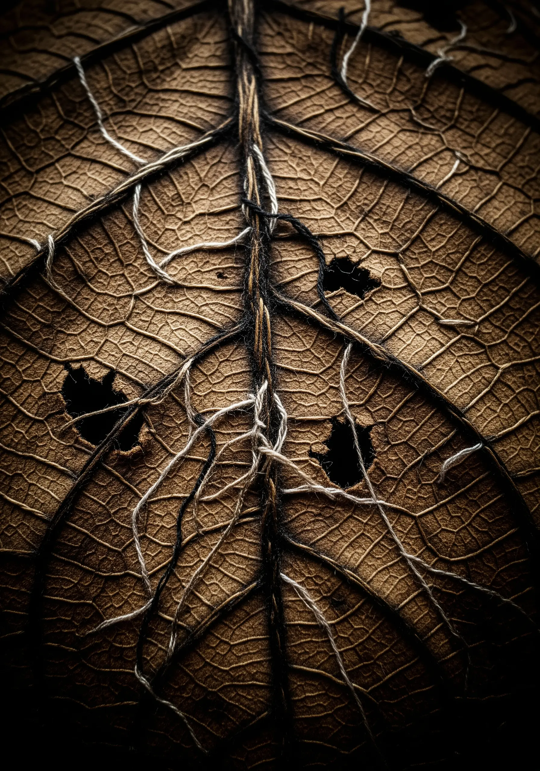 Decayed leaf effect using reverse appliqué to show exposed thread veins.