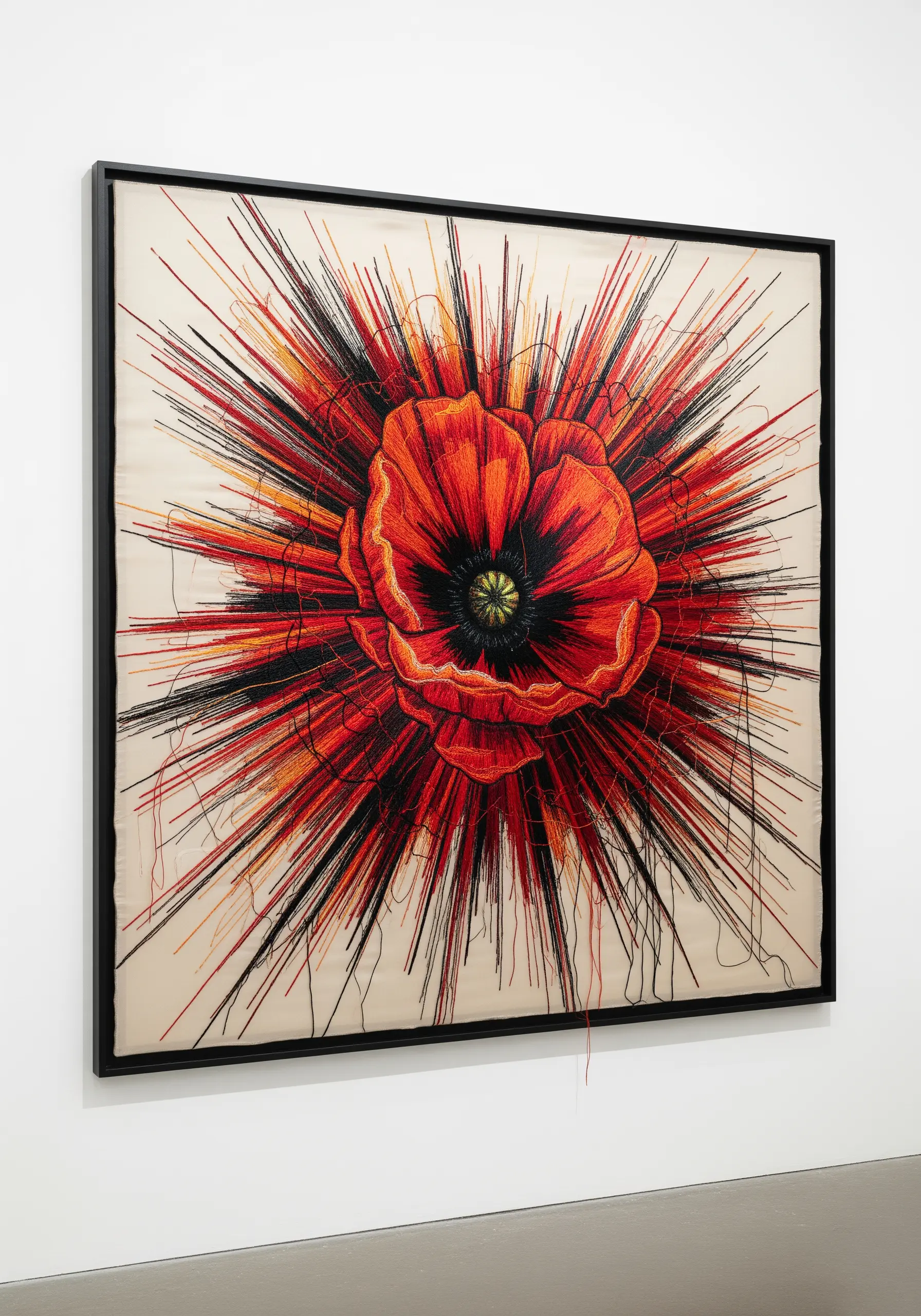 An abstract embroidery of a red poppy with explosive, radiating threads in a black frame.